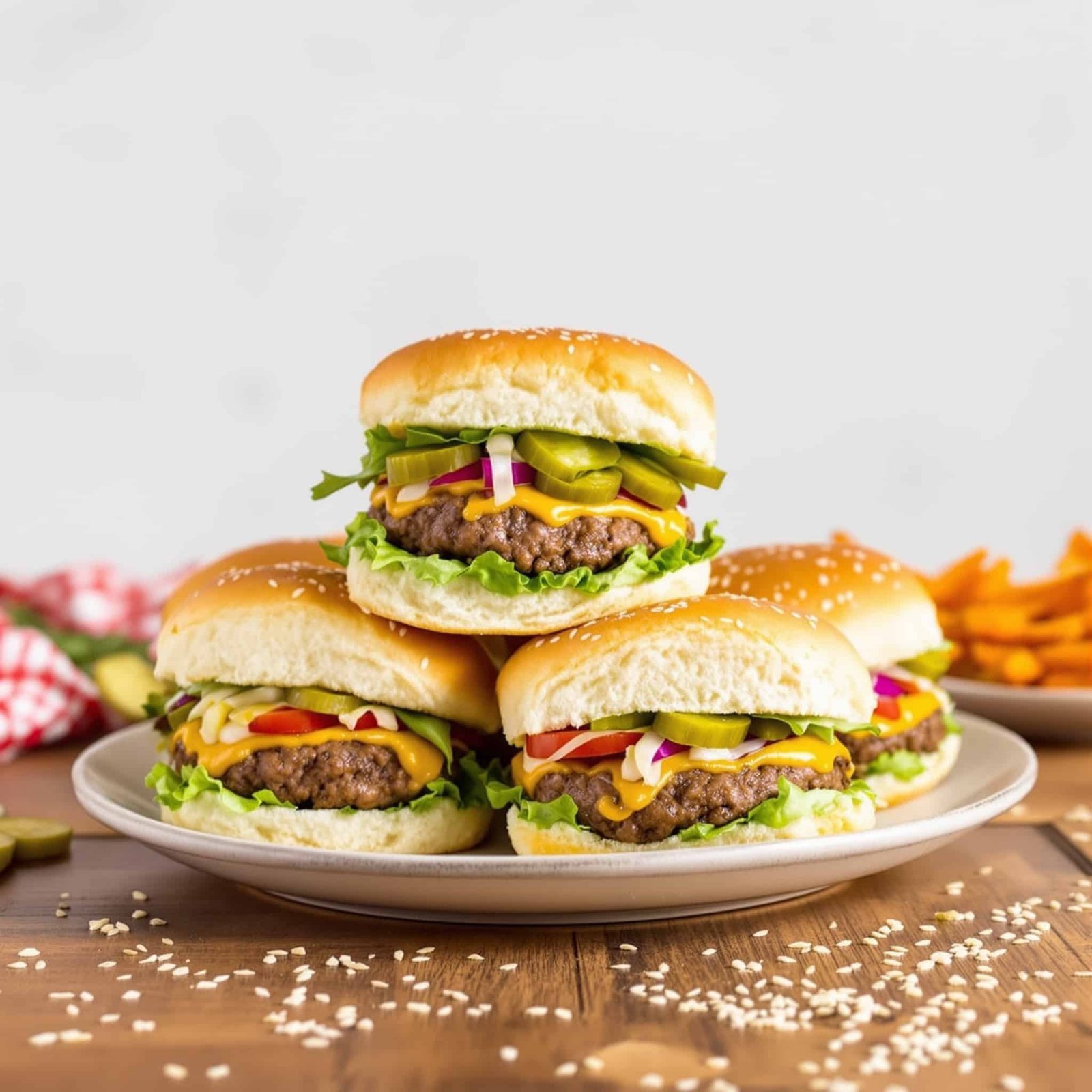 Delicious beef sliders on slider buns, topped with cheese and fresh vegetables, accompanied by sweet potato fries.