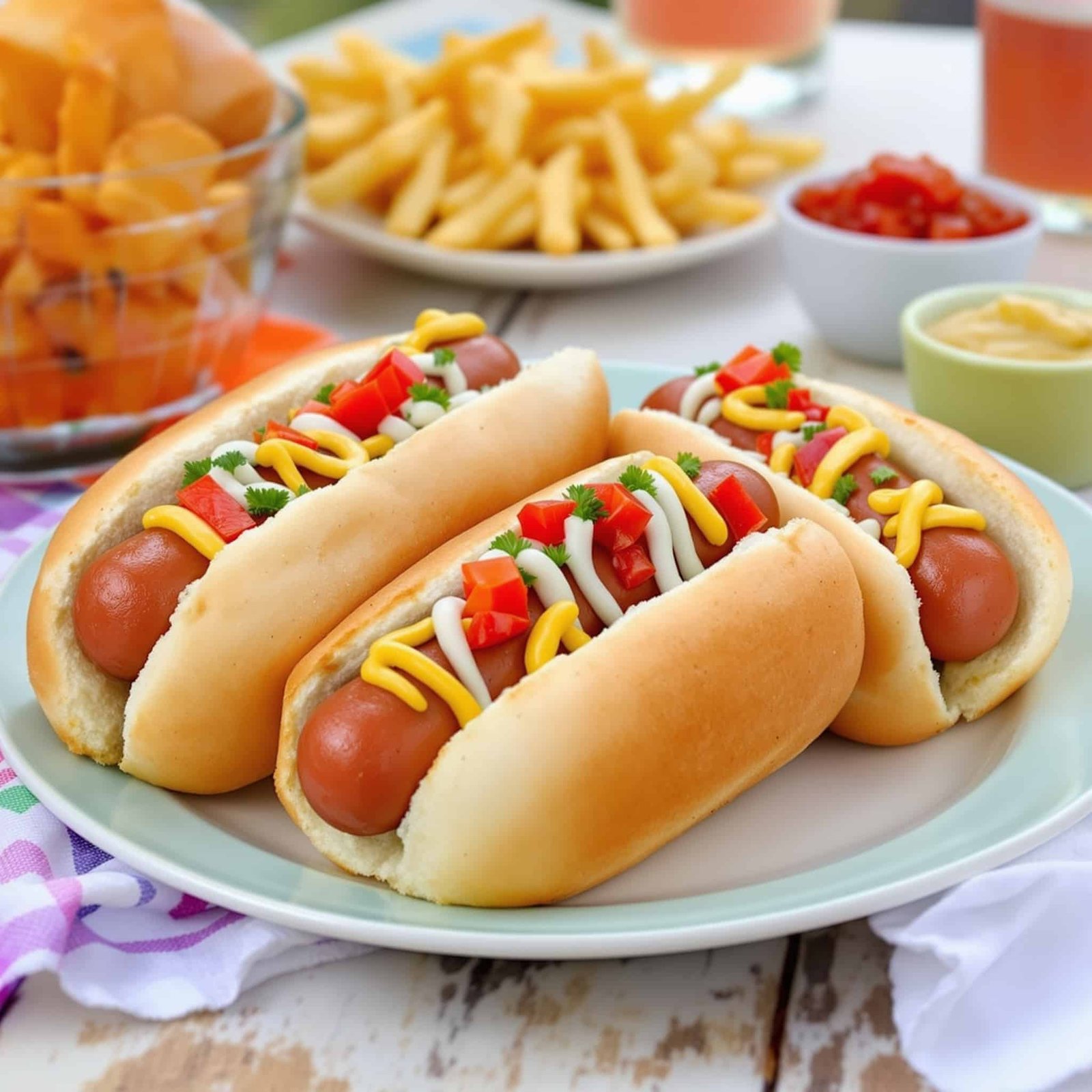 Air Fryer Hot Dogs Recipe Air fryer hot dogs in toasted buns topped with mustard and relish, served with fries on a picnic table.