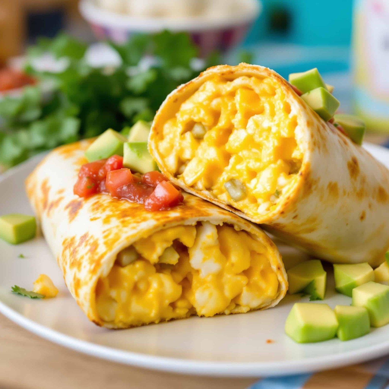 Golden breakfast burritos filled with scrambled eggs and cheese, served with salsa and avocado.