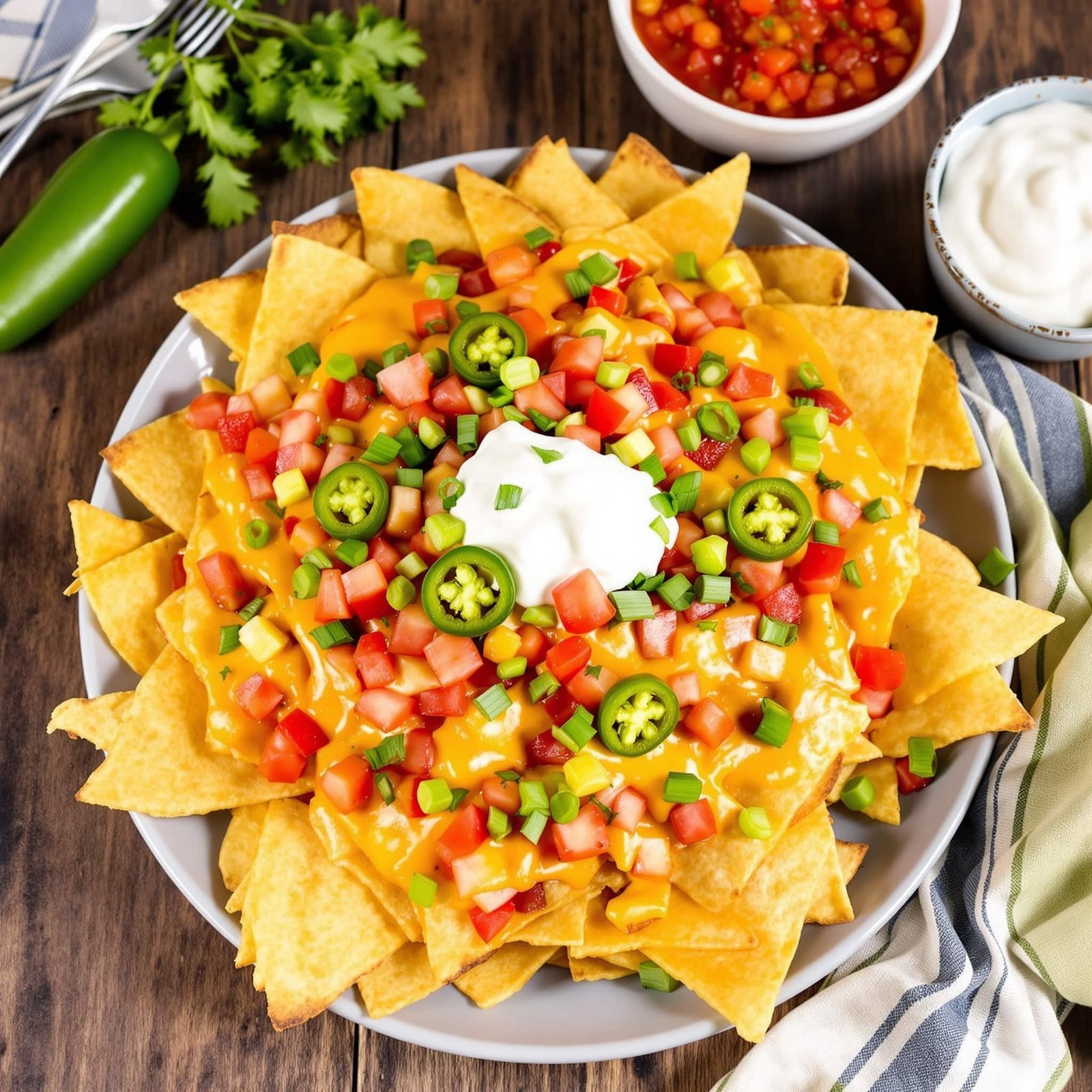 Delicious air fryer nachos topped with cheese, jalapeños, and garnished with green onions, served with sour cream and salsa.