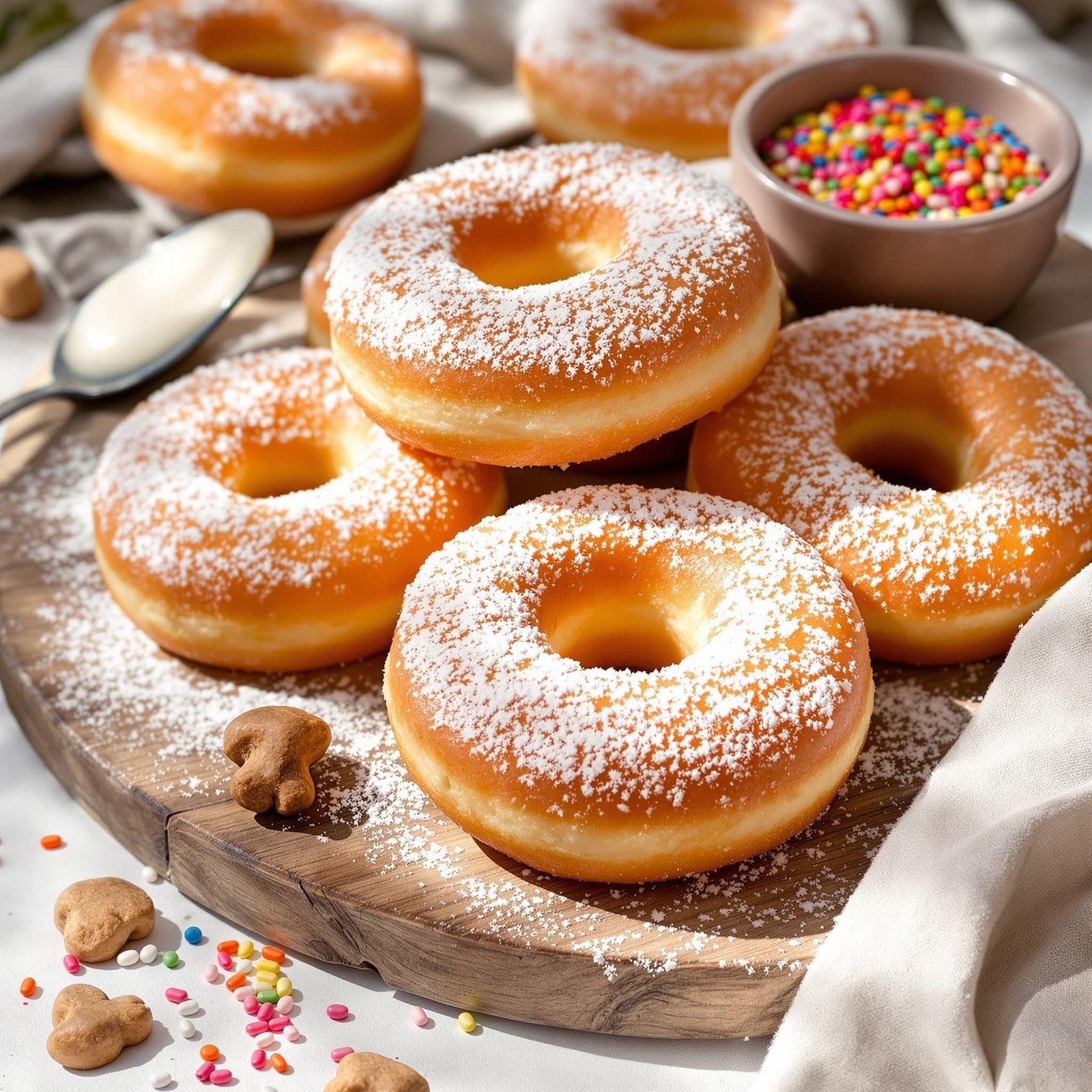 Fluffy air fryer donuts dusted with powdered sugar on a wooden board, with a bowl of glaze and sprinkles.