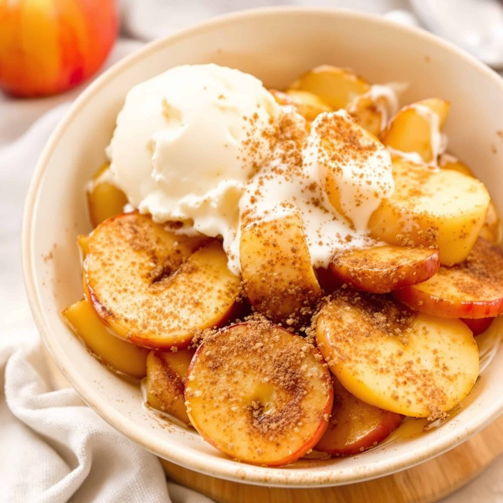 A bowl of cinnamon apples with ice cream, garnished with cinnamon, on a table.