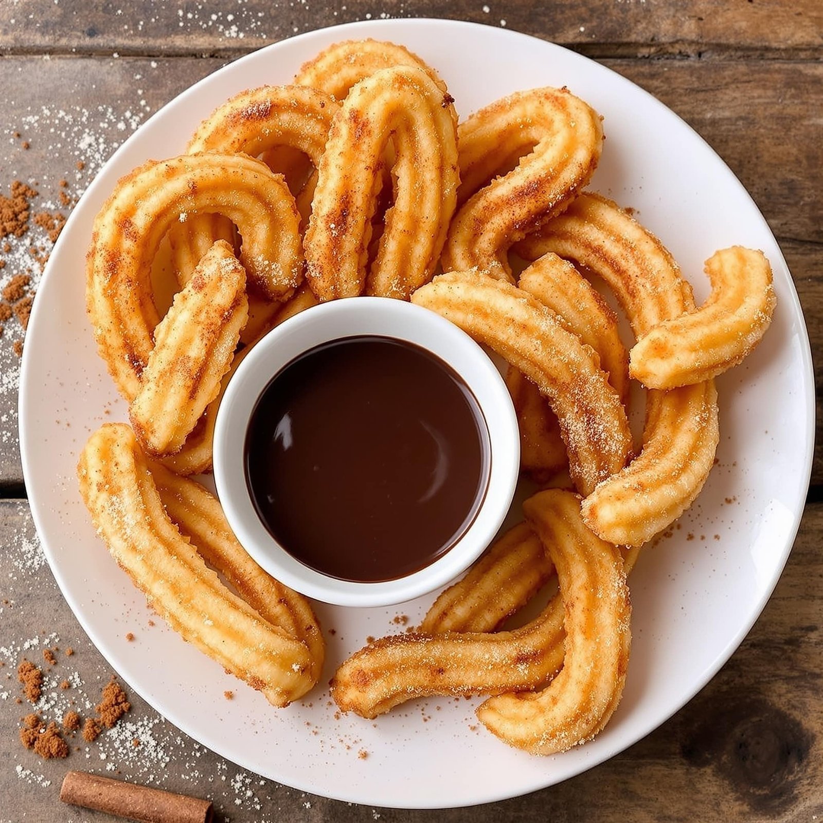 Crispy Air Fryer Churros Recipe A delicious plate of air fryer churros with chocolate dipping sauce, garnished with cinnamon.