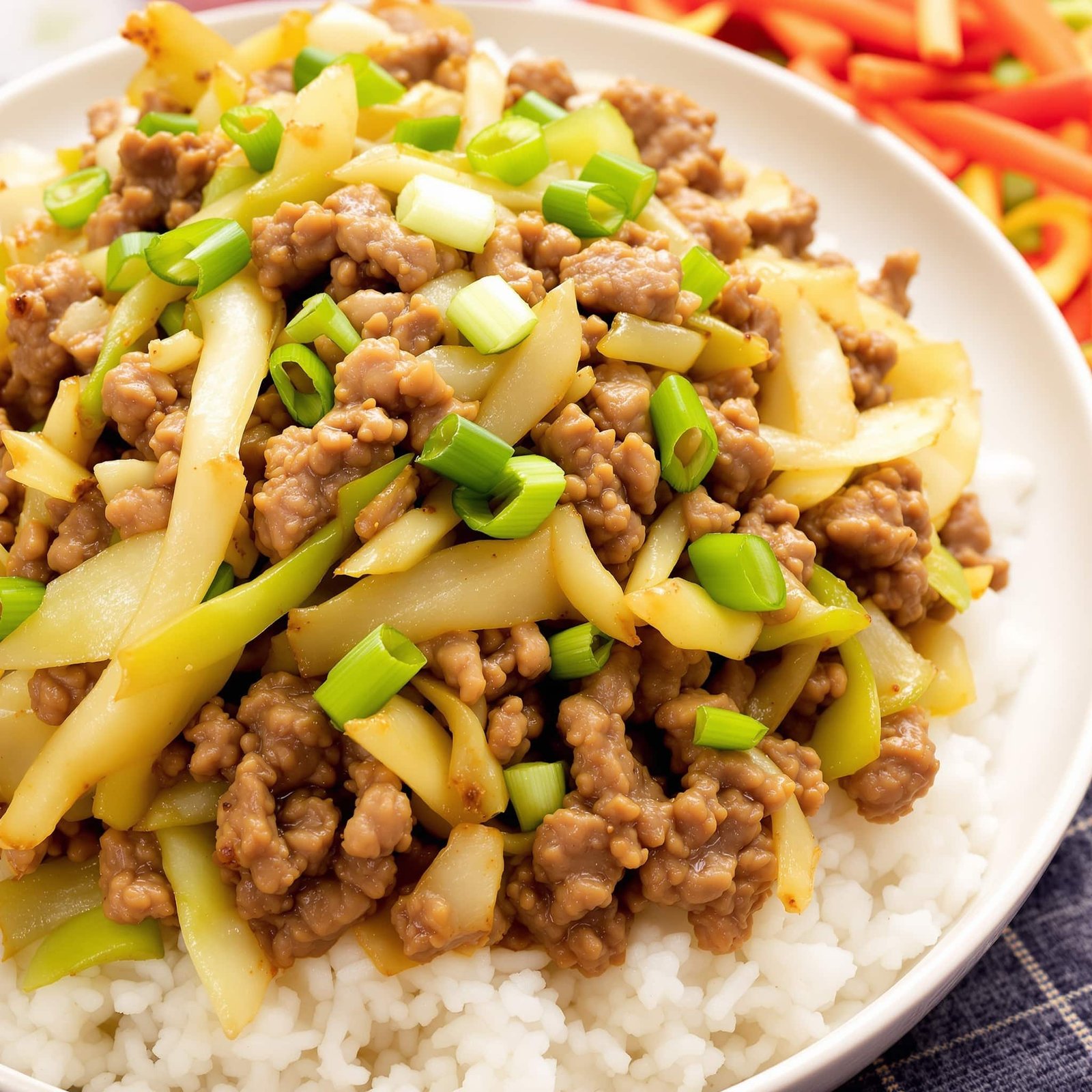 A delicious beef and cabbage stir fry with ground beef, green cabbage, and onions served over rice.
