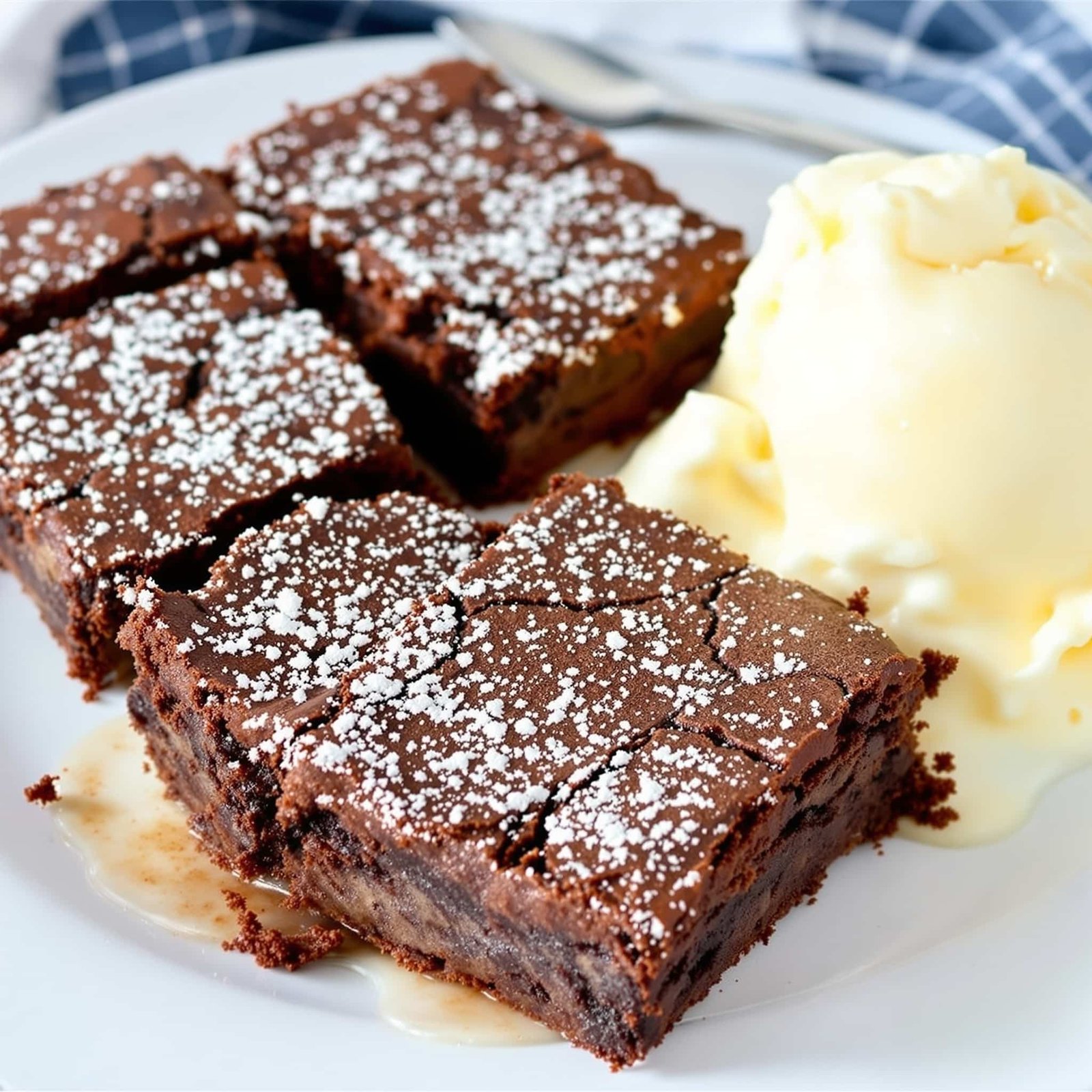 Fudgy air fryer brownies dusted with powdered sugar, served with vanilla ice cream on a white plate.