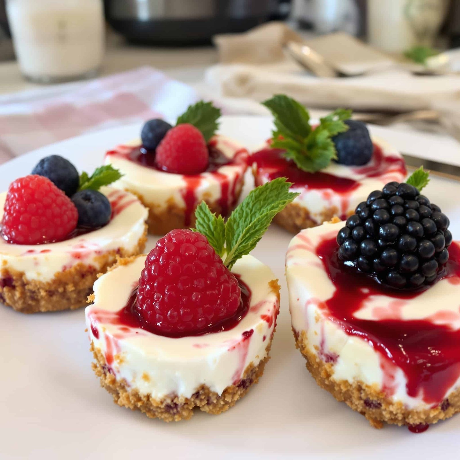 Four mini cheesecakes on a plate, topped with berries and mint in a cozy kitchen.