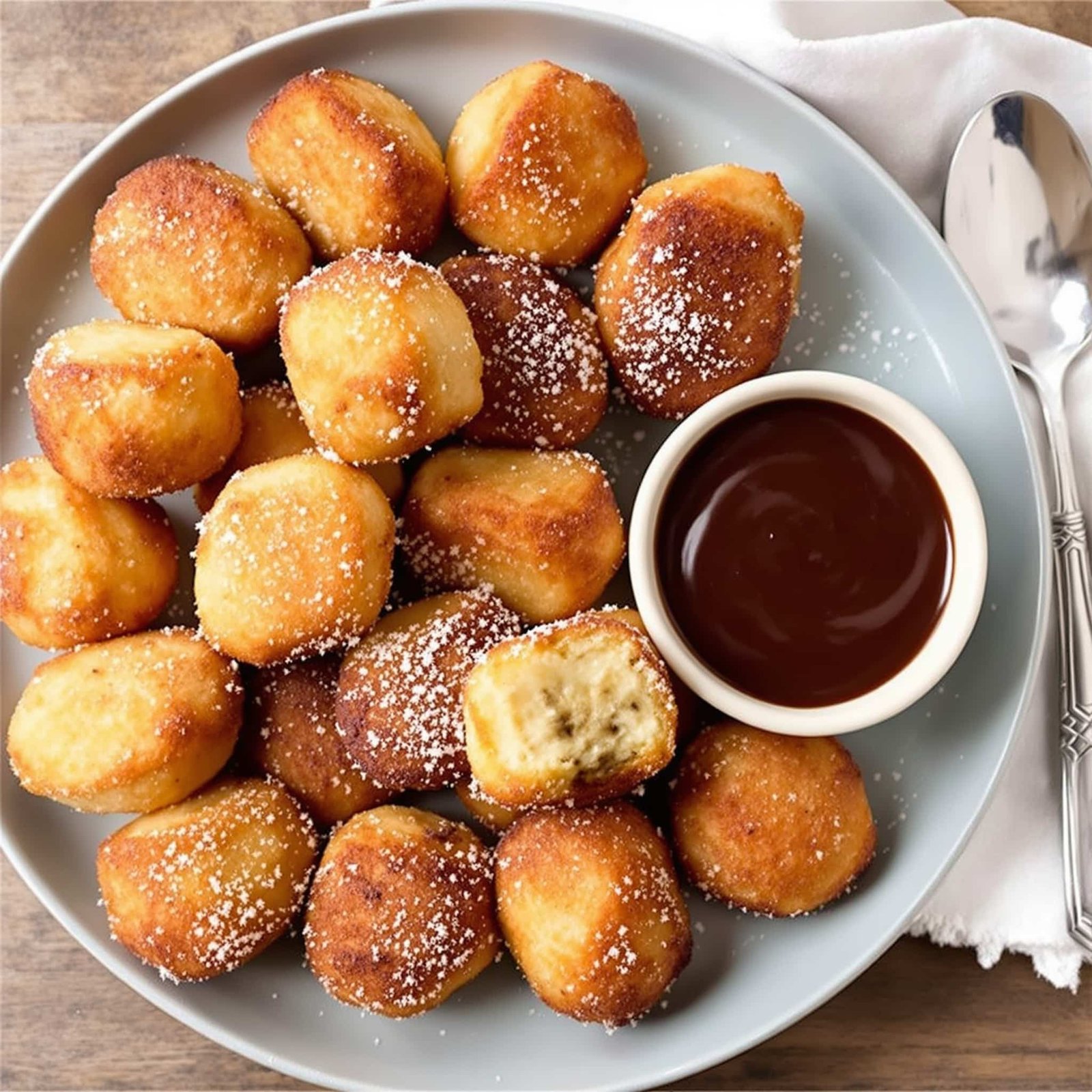 Delicious Air Fryer Banana Bread Bites, golden brown, arranged on a plate with powdered sugar and dipping sauce.