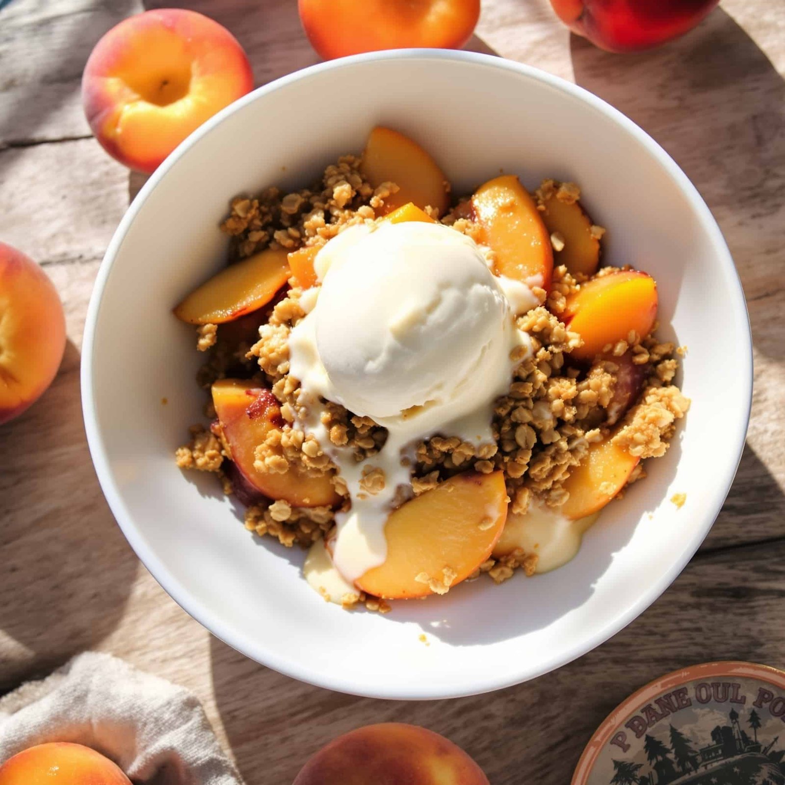 A serving of peach crisp with oat topping and ice cream on a rustic wooden table.