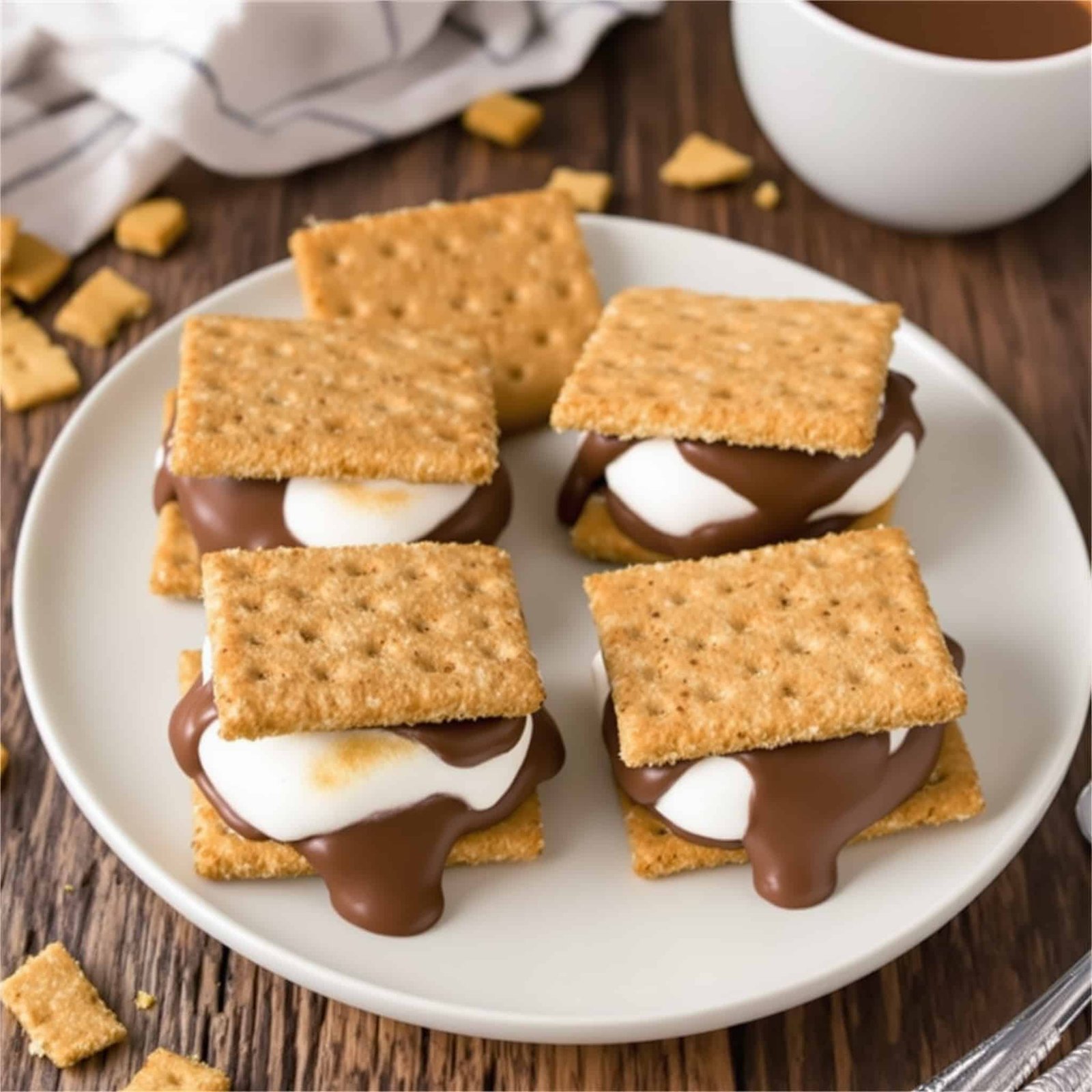 A plate of golden-brown Air Fryer S’mores with melted marshmallows and chocolate, set against a warm rustic background.