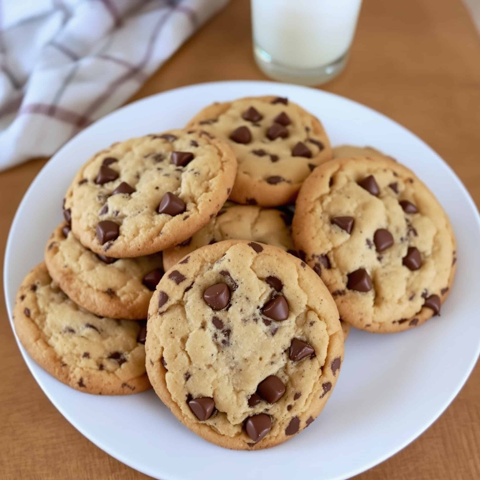 A plate of golden chocolate chip cookies beside a glass of milk on a rustic wooden table.