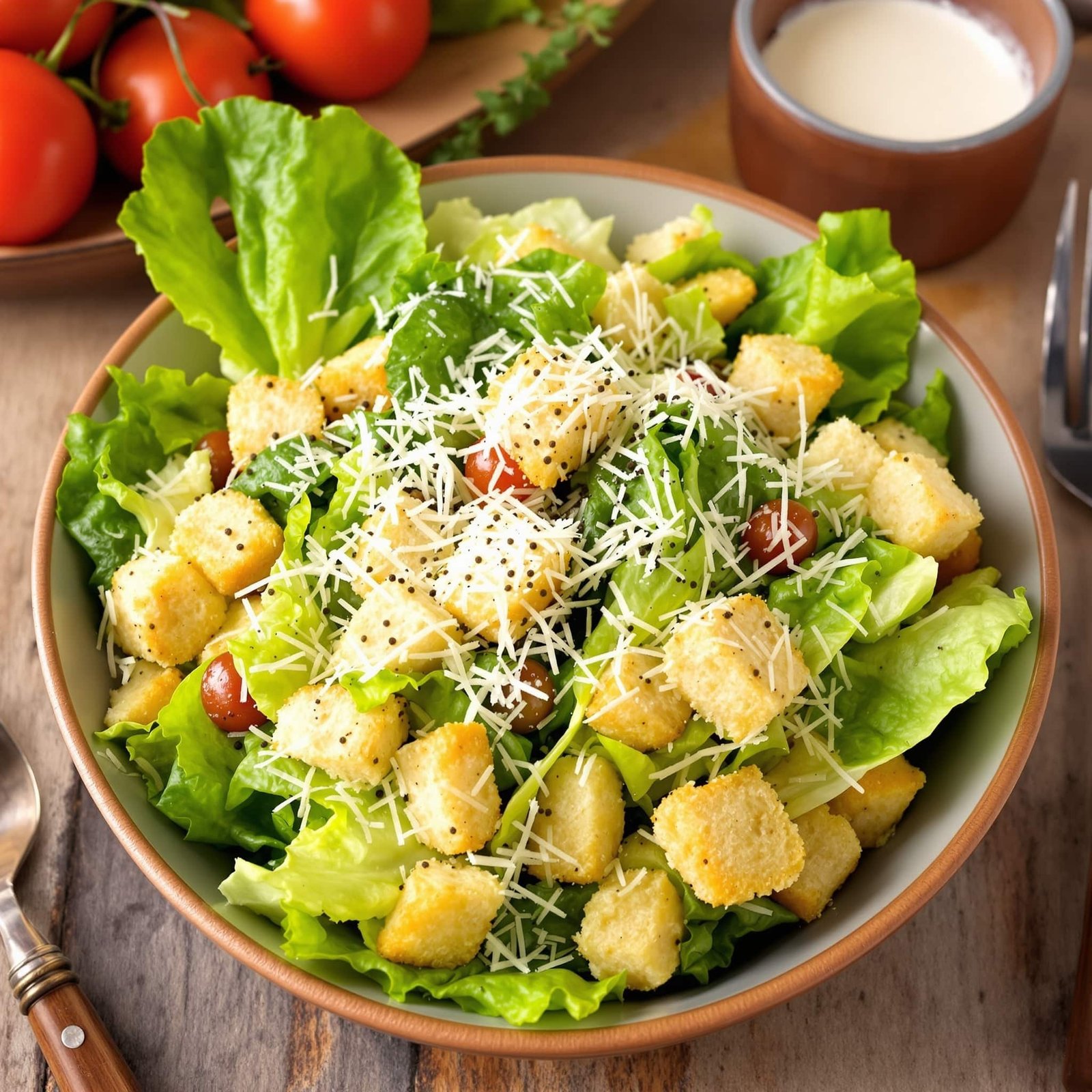 A bowl of Classic Caesar Salad with romaine lettuce, croutons, and Parmesan cheese.