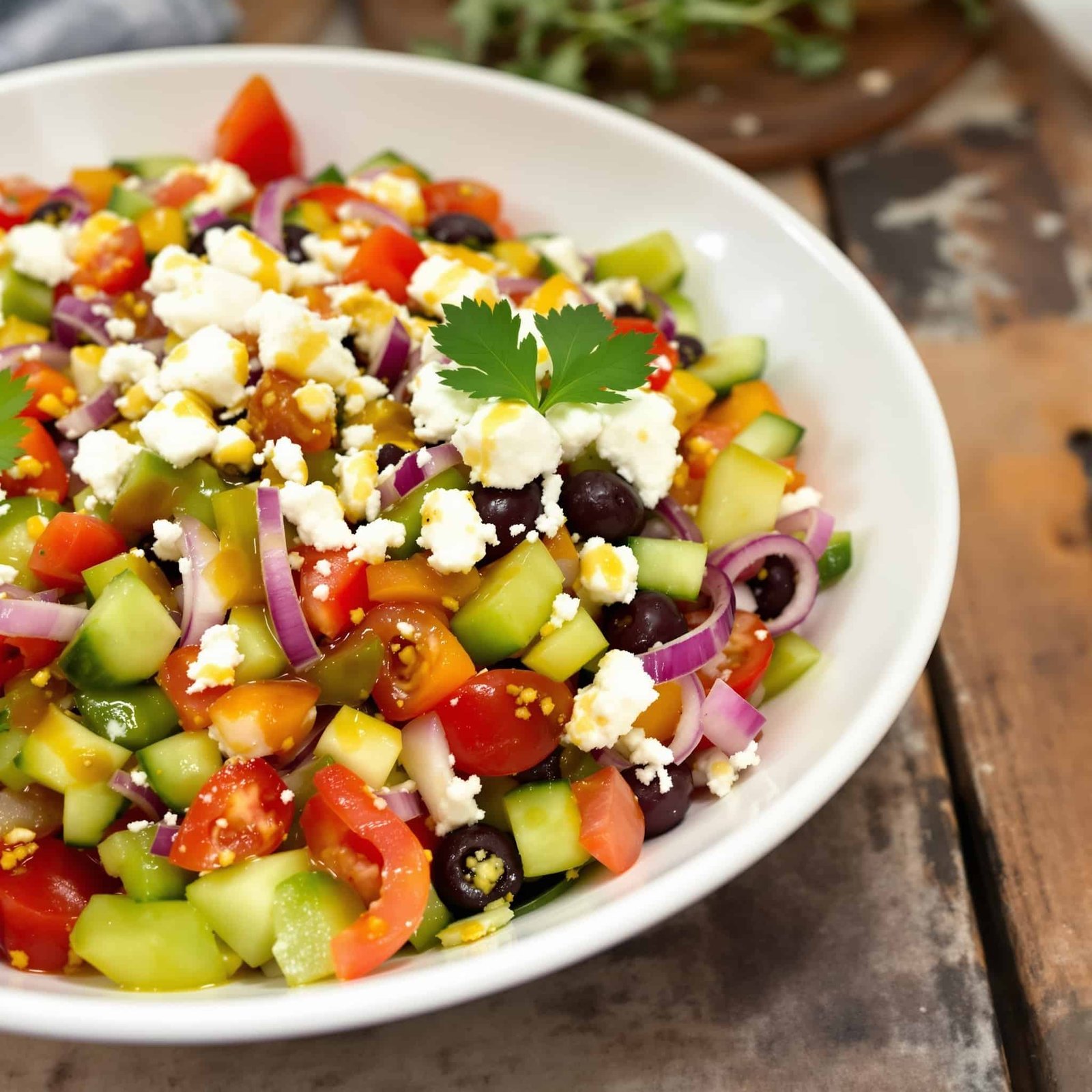 Traditional Greek Salad with Feta Recipe A colorful Greek salad with vegetables and feta cheese in a white bowl on a wooden table.