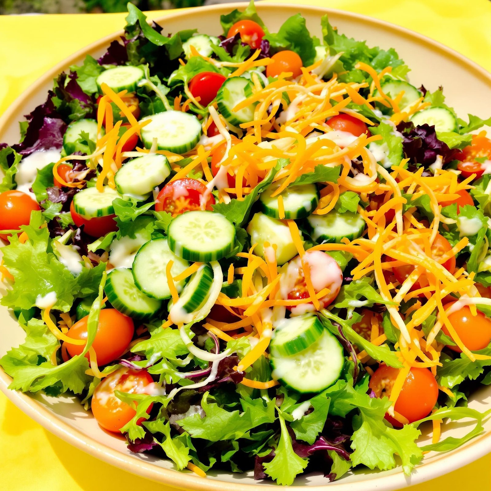 Garden Fresh Tossed Salad Recipe A colorful tossed salad with greens, tomatoes, cucumbers, and carrots in a bowl, served outdoors.