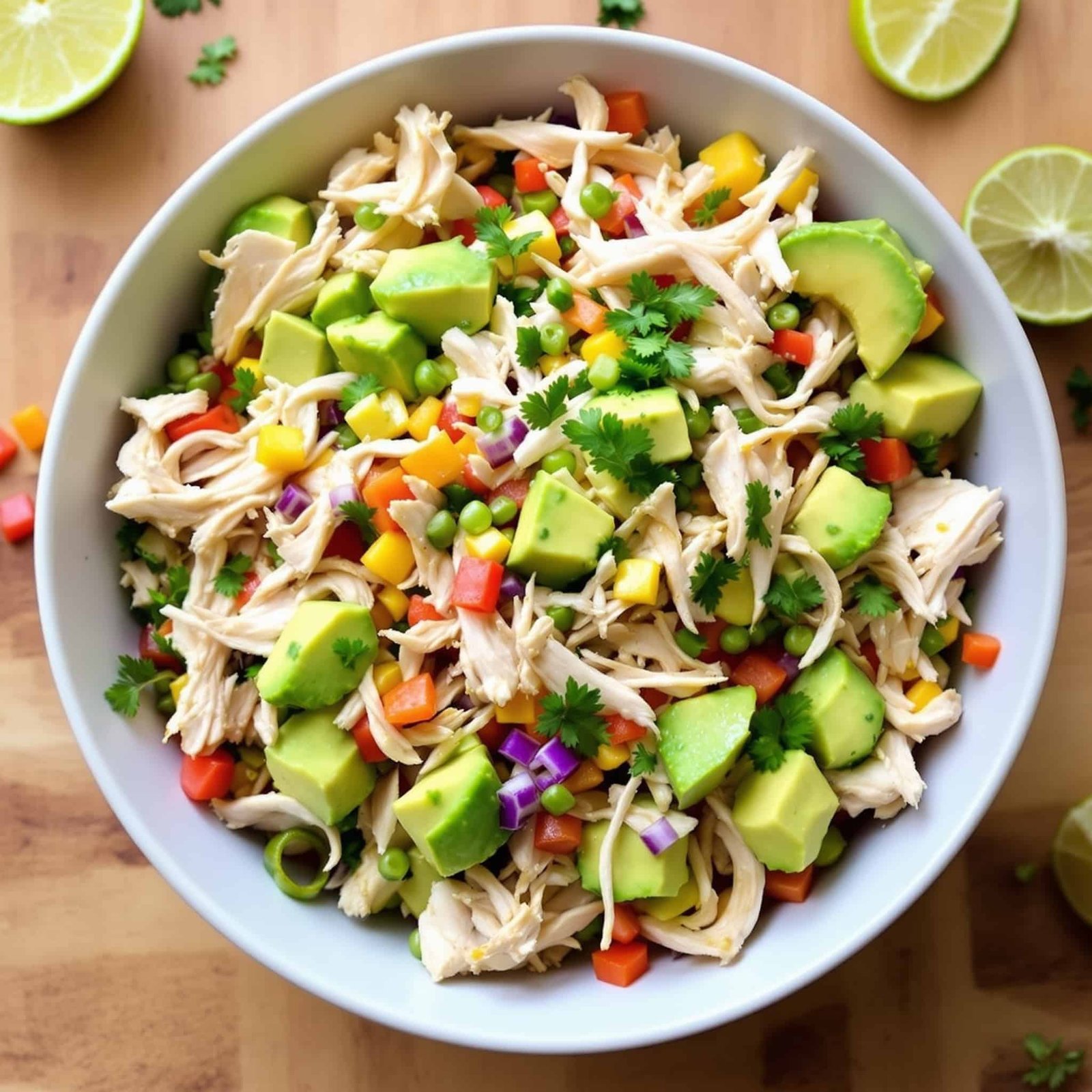 Easy Avocado Chicken Salad Recipe A colorful avocado chicken salad with chicken, avocado, and vegetables in a bowl, garnished with herbs.