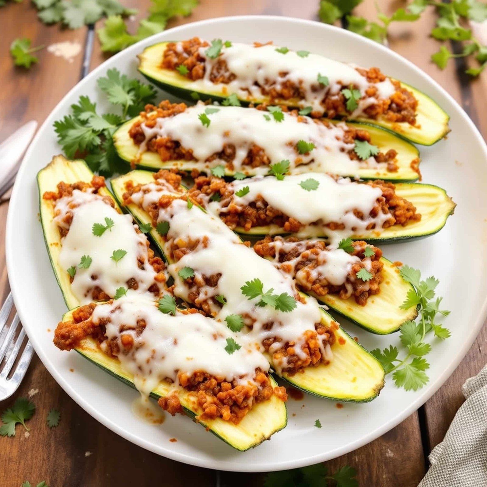 Cheesy beef stuffed zucchini boats filled with ground beef mixture, topped with melted cheese, garnished with parsley, on a wooden table.
