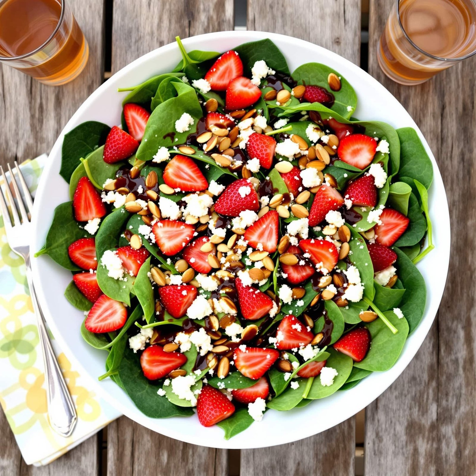 Delicious Strawberry Spinach Salad Recipe A colorful bowl of Strawberry Spinach Salad with strawberries, spinach, feta, and almonds on a wooden table.