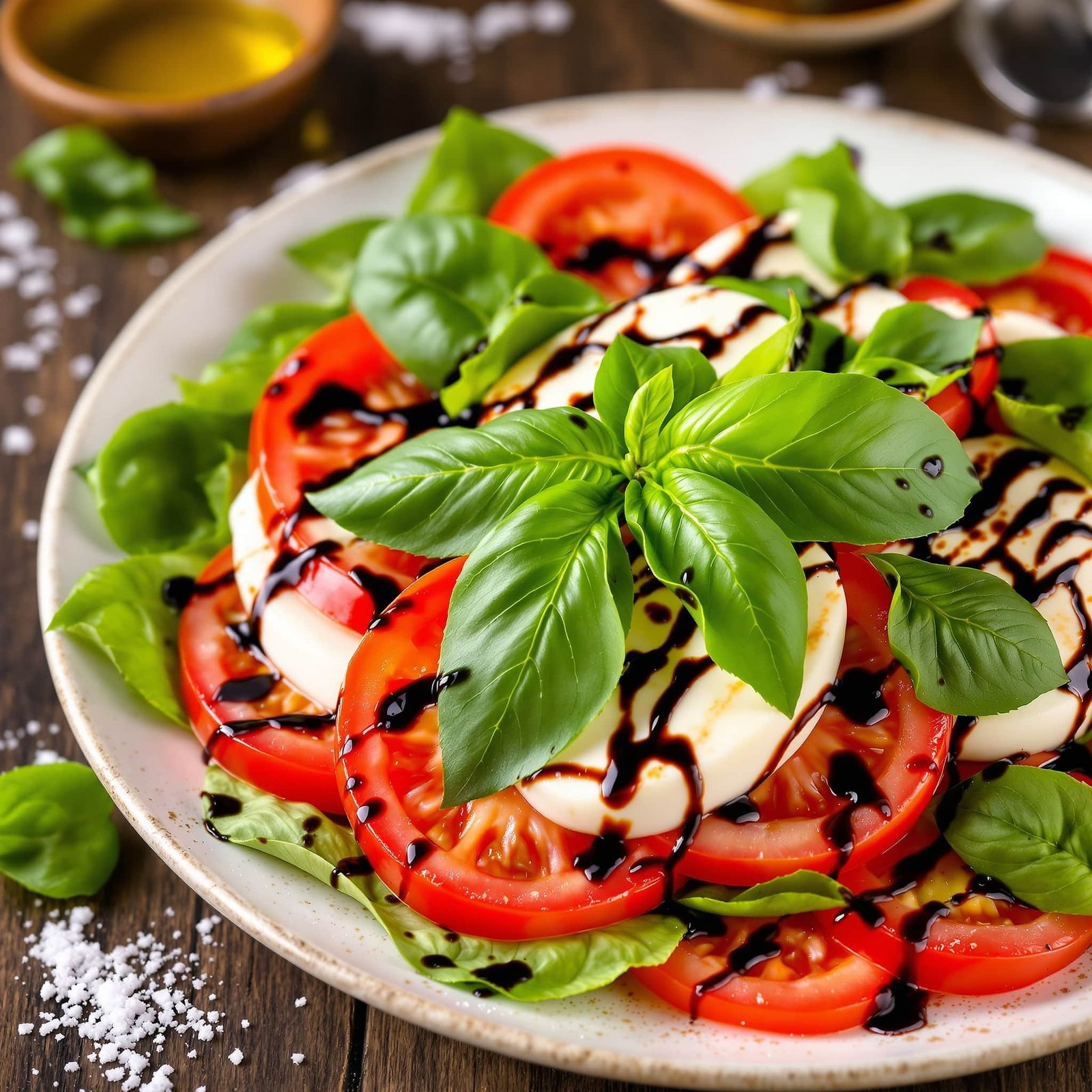 Classic Caprese Salad with Balsamic Glaze Recipe Layered Caprese salad with tomatoes, mozzarella, basil, and balsamic glaze on rustic wood.