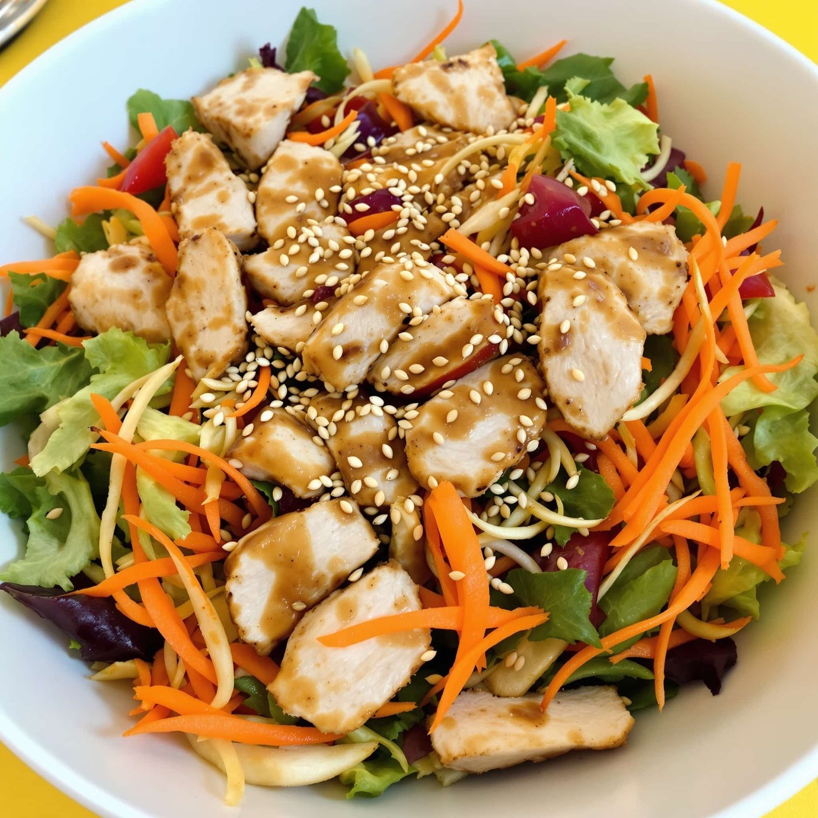 A delicious Asian Sesame Chicken Salad with grilled chicken, fresh greens, and colorful vegetables sprinkled with sesame seeds.