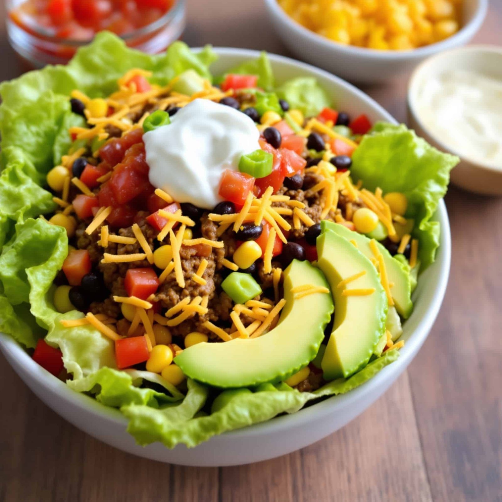 A colorful Southwest Taco Salad with lettuce, ground beef, black beans, corn, avocado, and cheese in a rustic bowl.