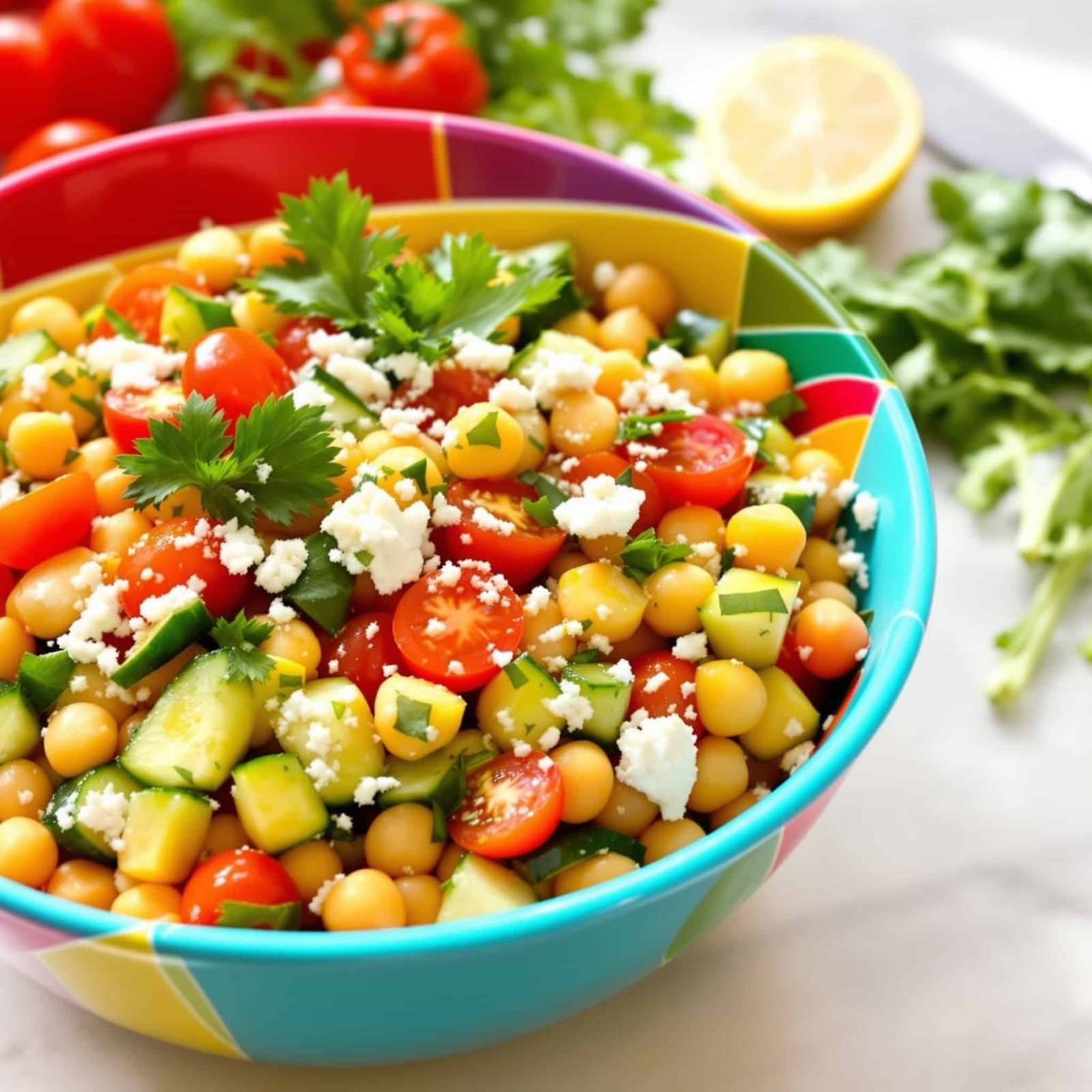 Mediterranean Chickpea Salad Recipe A Mediterranean Chickpea Salad with cherry tomatoes, cucumbers, parsley, and feta cheese in a bowl, set on a sunny kitchen counter.