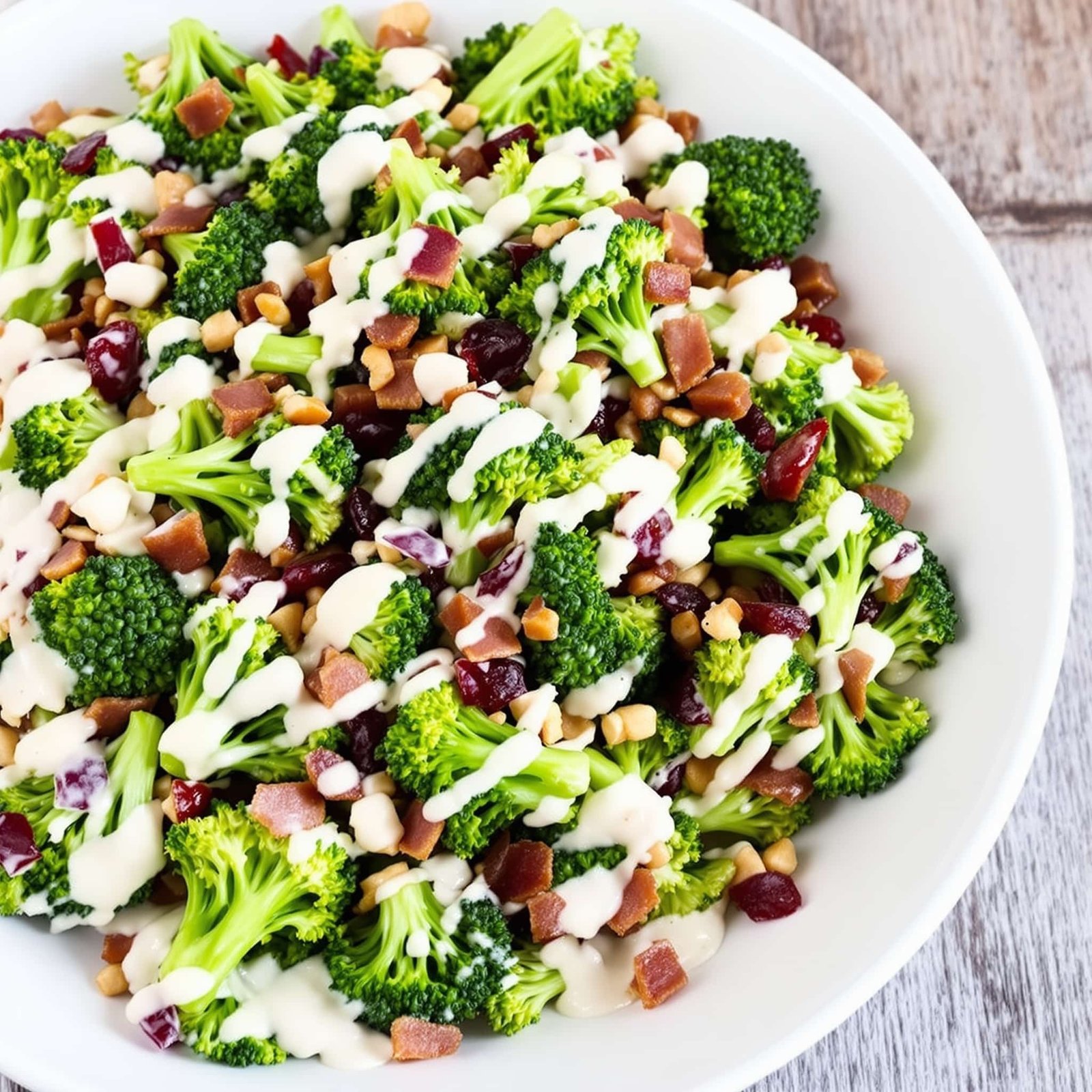 A fresh broccoli bacon salad with vibrant colors, featuring broccoli, bacon, cranberries, and nuts in a creamy dressing.