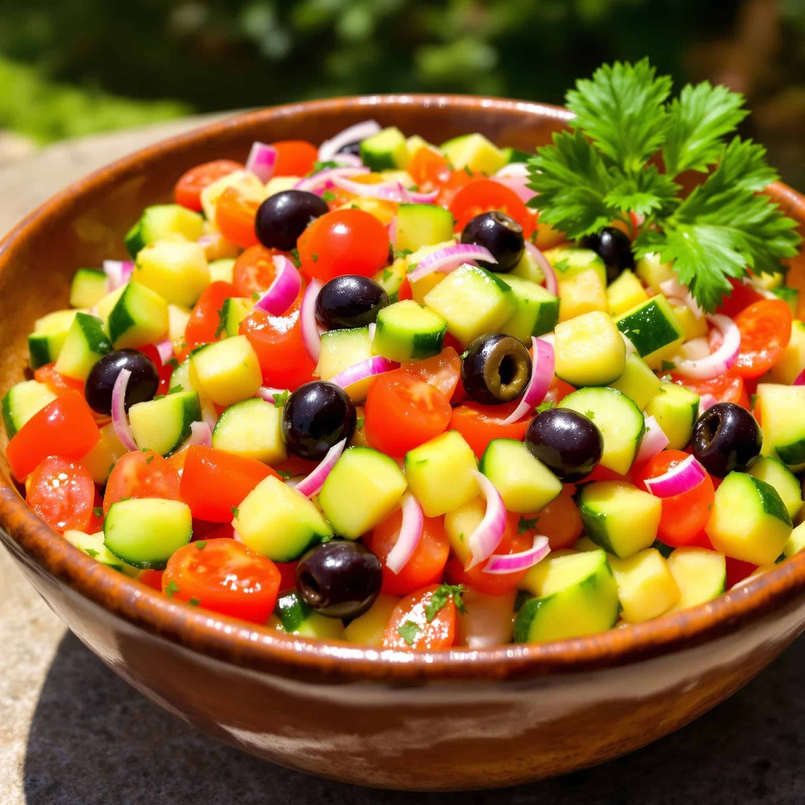 Refreshing Cucumber Tomato Salad Recipe A colorful cucumber tomato salad with diced cucumbers, tomatoes, red onion, and olives in a rustic bowl, set in a sunny outdoor ambiance.