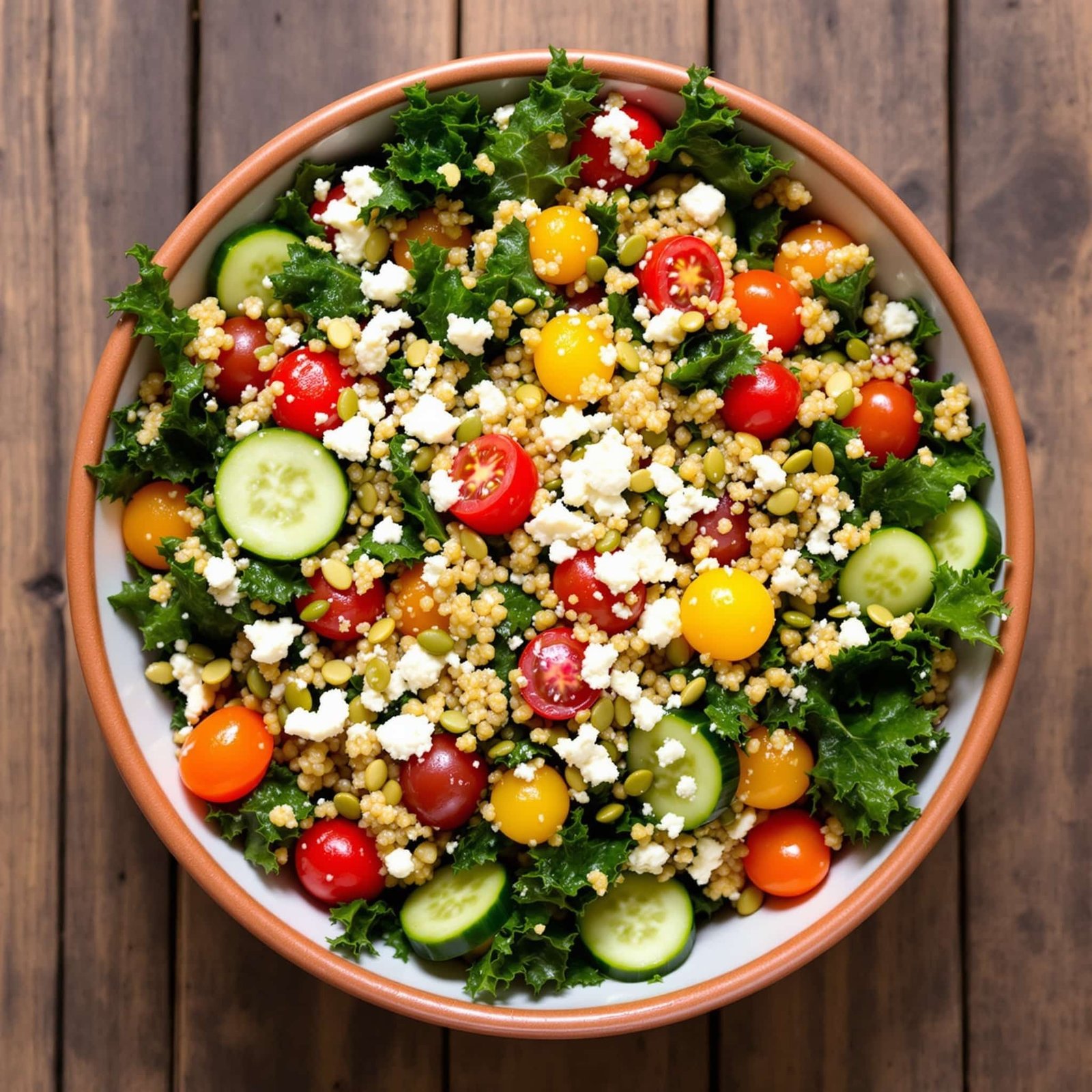 A healthy kale and quinoa salad with tomatoes and cucumber, topped with feta cheese and sunflower seeds.