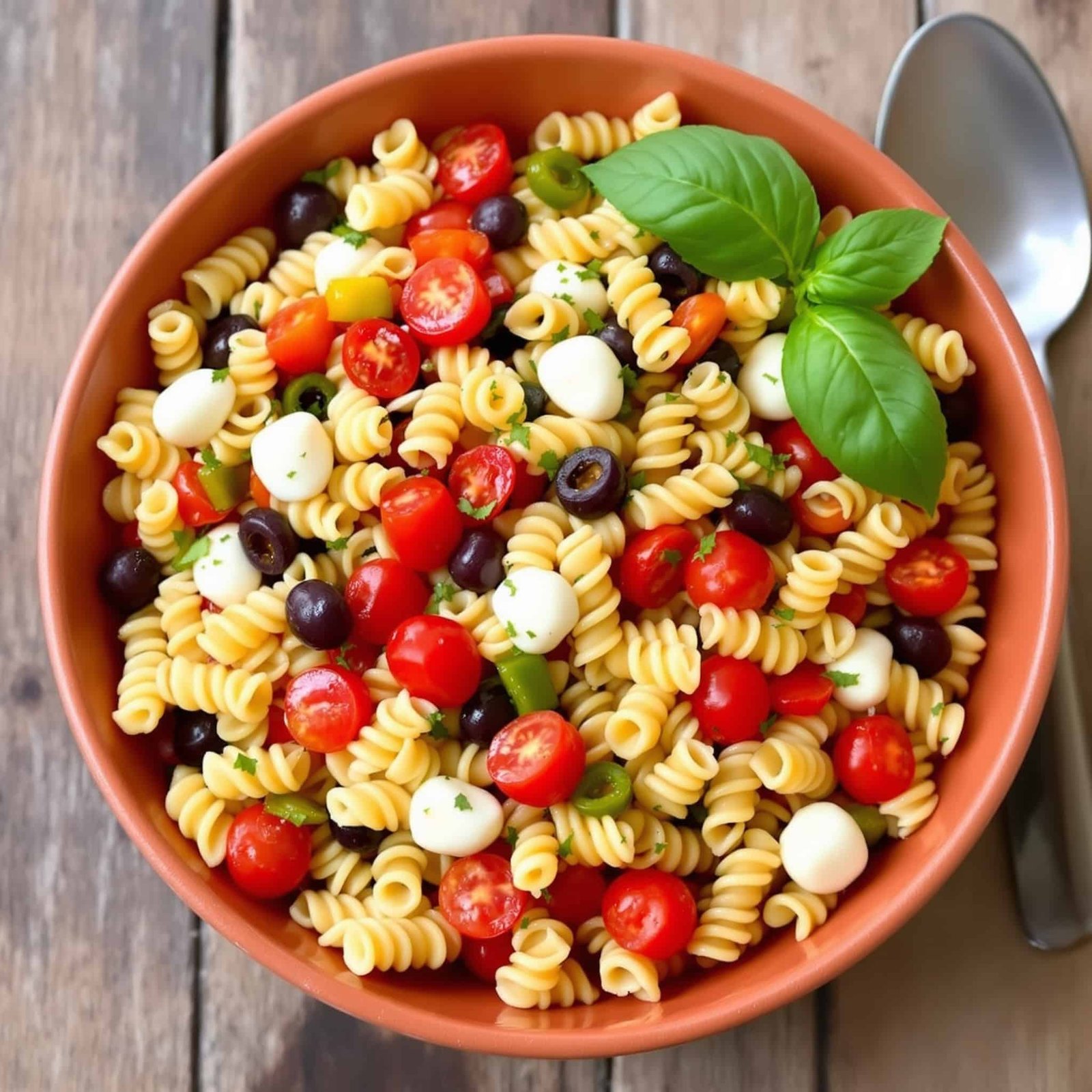 Classic Pasta Salad with Italian Dressing Recipe A vibrant pasta salad with tomatoes, peppers, olives, and mozzarella, garnished with basil, in a bowl on a wooden table.