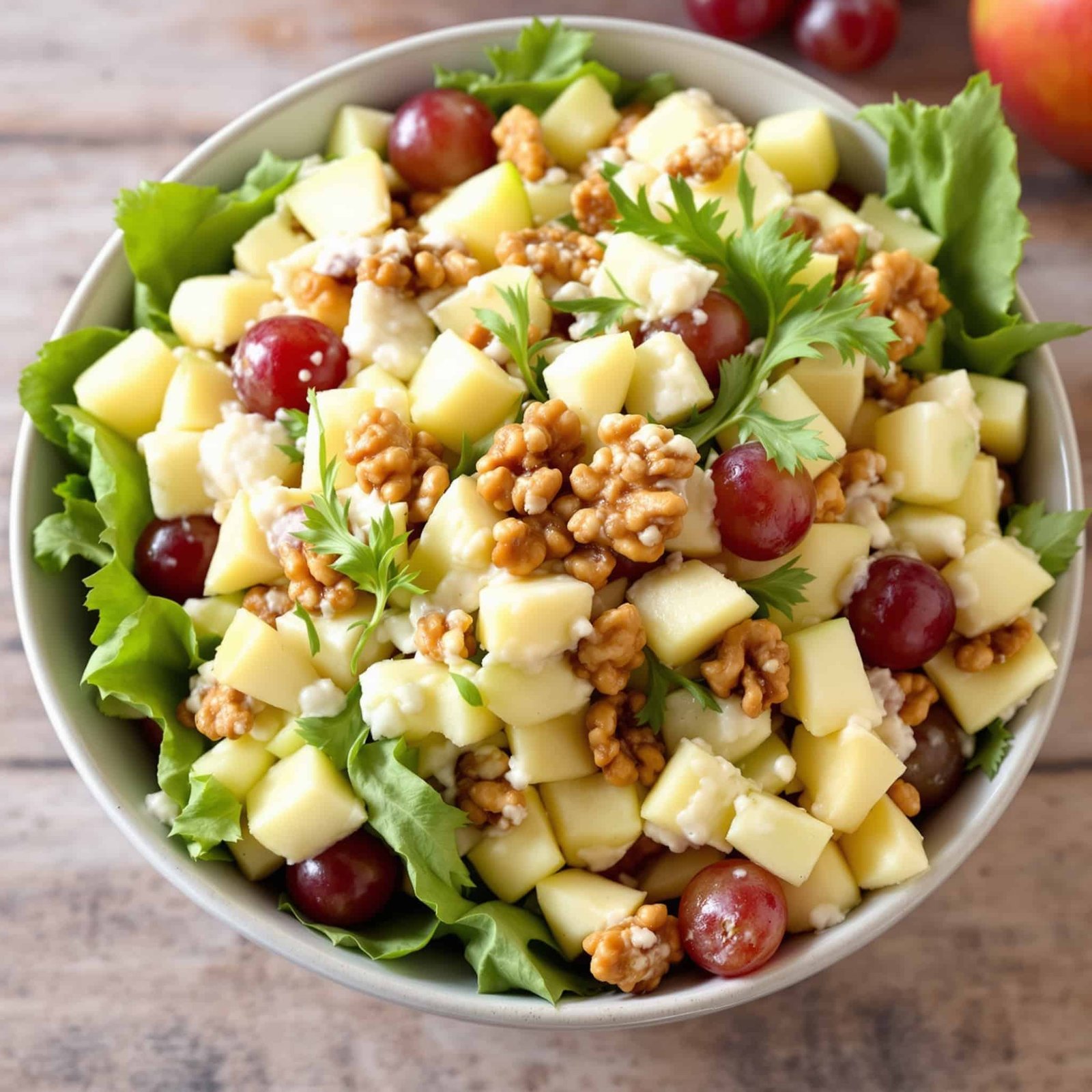 Classic Waldorf Apple Salad Recipe A fresh bowl of Waldorf Apple Salad with apples, grapes, and walnuts, on a rustic table.