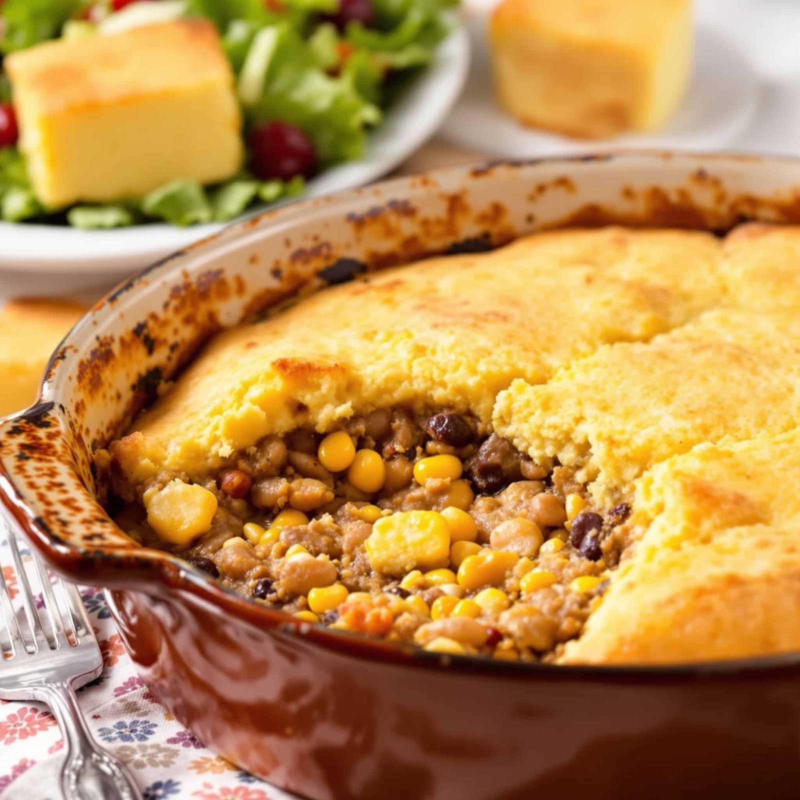 A serving of Beef and Cornbread Casserole with ground beef and cornbread, presented in a rustic dish with a side salad.