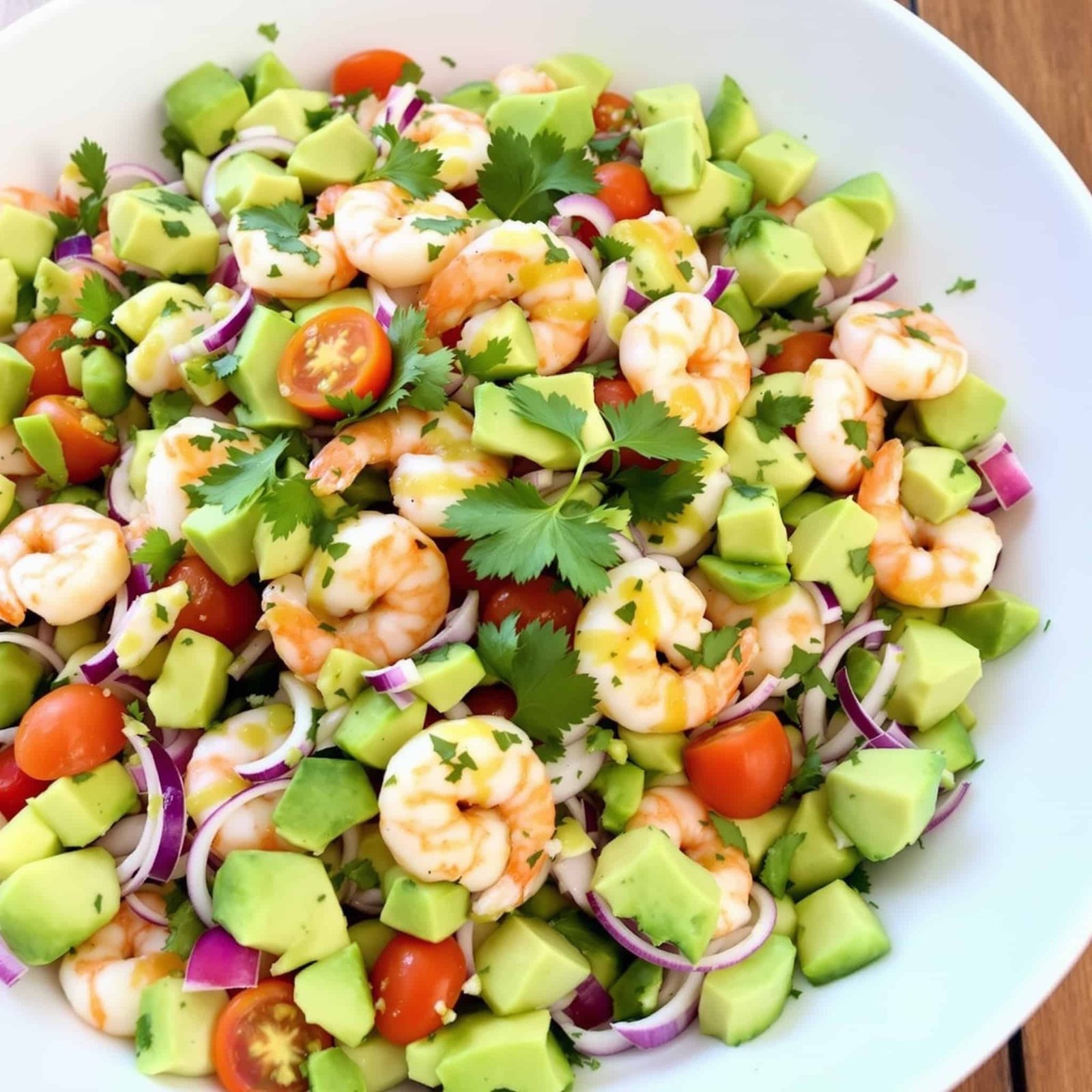 Zesty Shrimp Avocado Salad Recipe A colorful bowl of shrimp avocado salad with shrimp, avocado, cherry tomatoes, and cilantro on a wooden table.