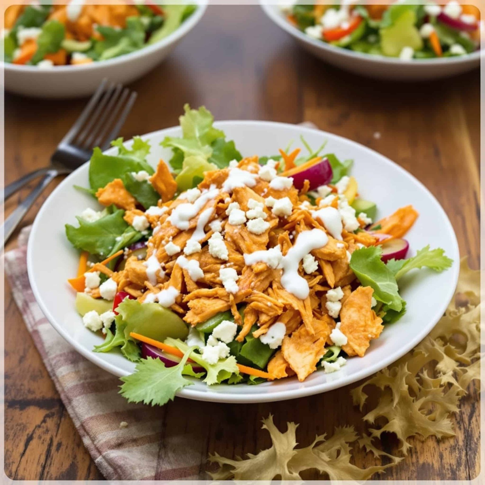 A colorful bowl of spicy buffalo chicken salad with greens, celery, tomatoes, and blue cheese, garnished with dressing against a rustic background.