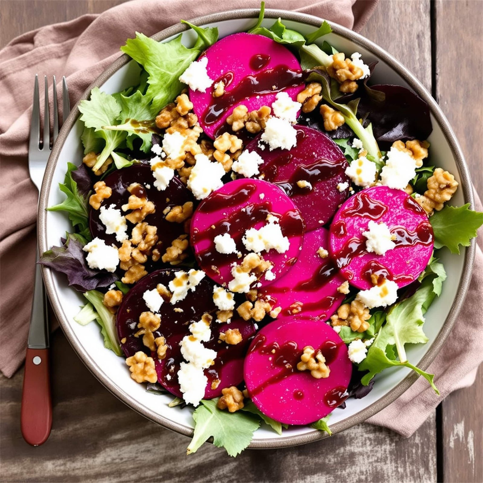 A colorful salad of roasted beets and goat cheese on greens topped with walnuts and balsamic vinaigrette.