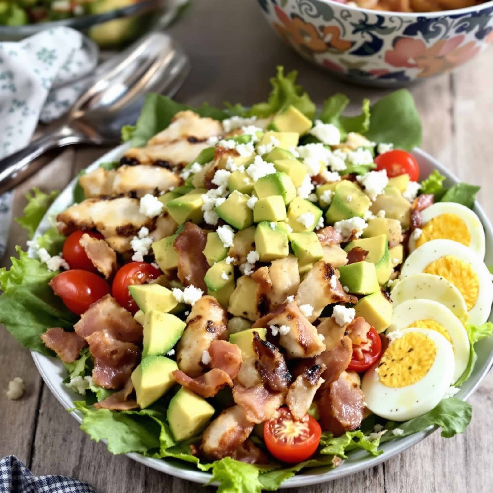 A colorful Cobb salad with greens, chicken, bacon, eggs, avocado, tomatoes, and blue cheese on a rustic table.