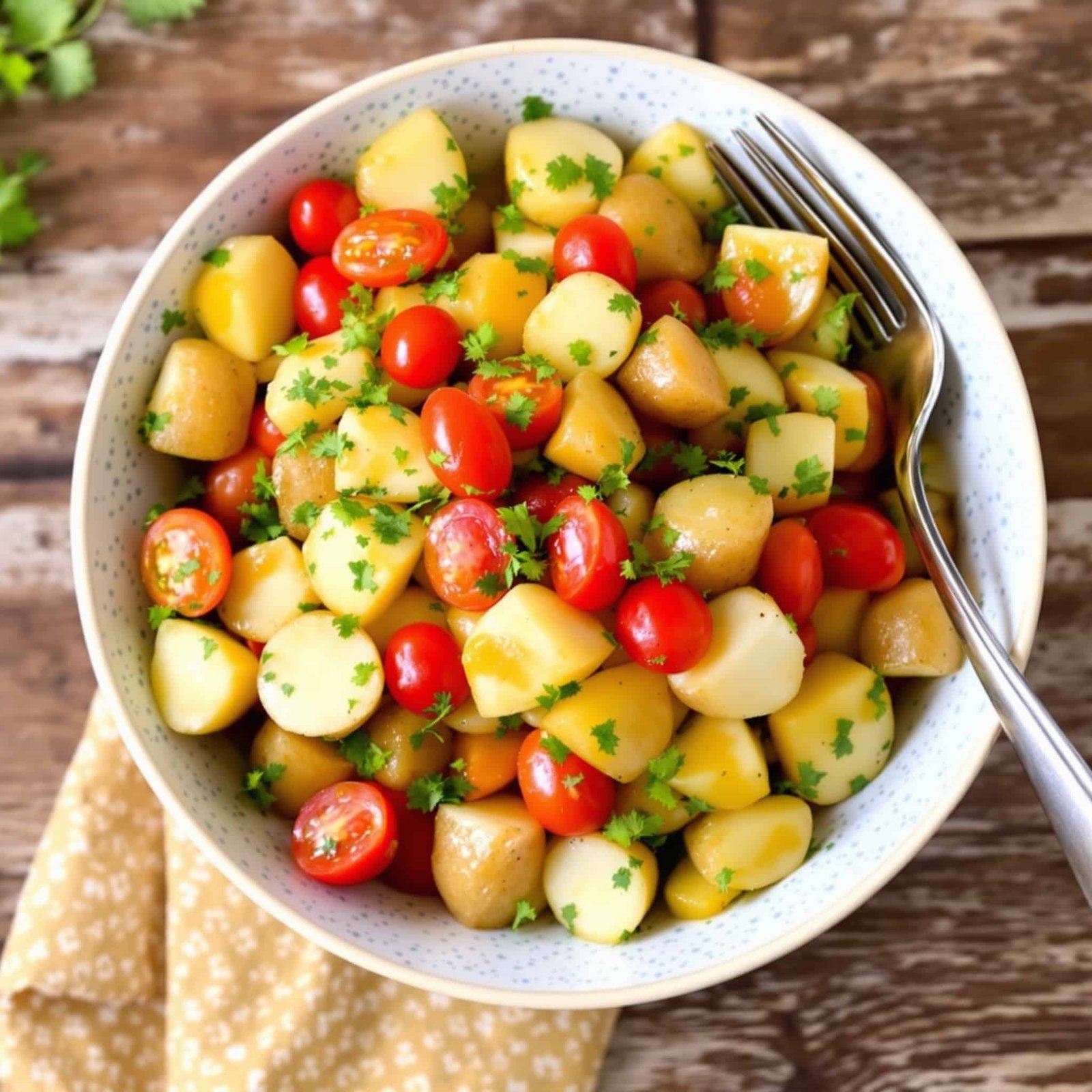 A colorful bowl of Lemon Herb Potato Salad with small potatoes, fresh herbs, and cherry tomatoes on a wooden table.
