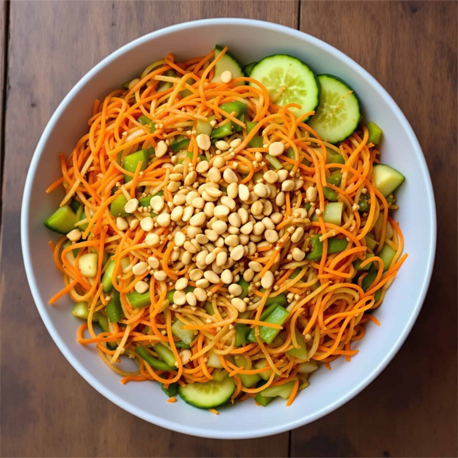 A colorful bowl of Thai peanut noodle salad with vegetables and peanuts.