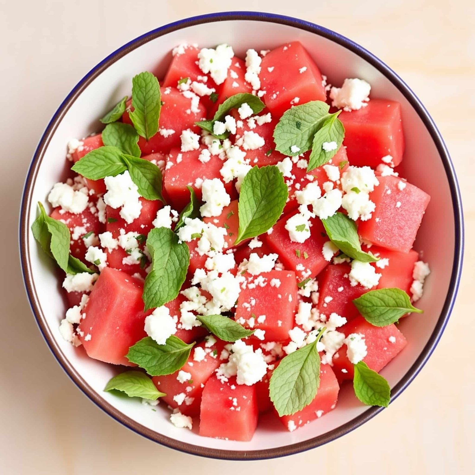 A refreshing watermelon salad with feta cheese and mint leaves served in a bowl.
