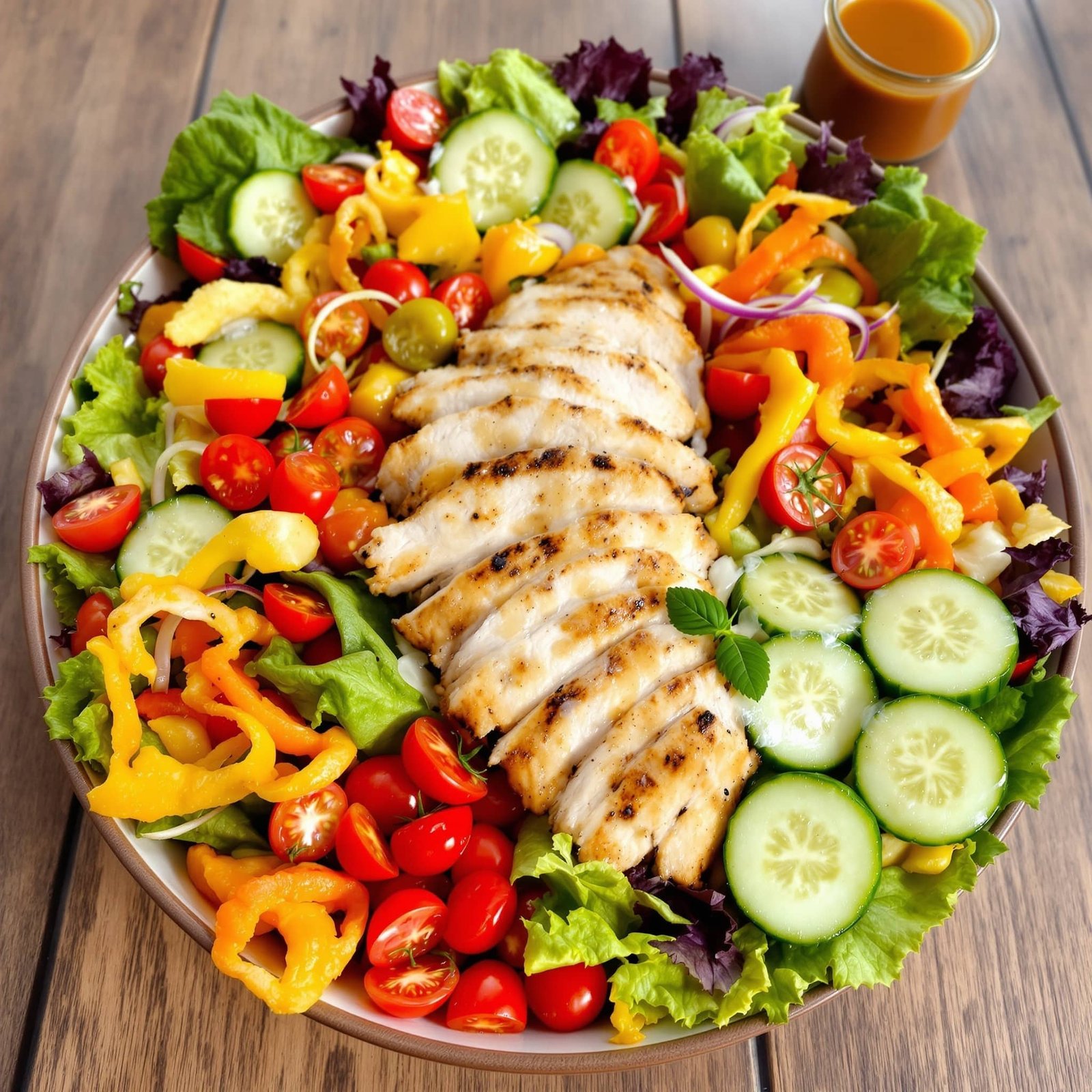 Grilled Chicken Garden Salad Recipe A colorful grilled chicken garden salad with mixed greens, tomatoes, cucumbers, and bell peppers, served in a bowl on a wooden table.