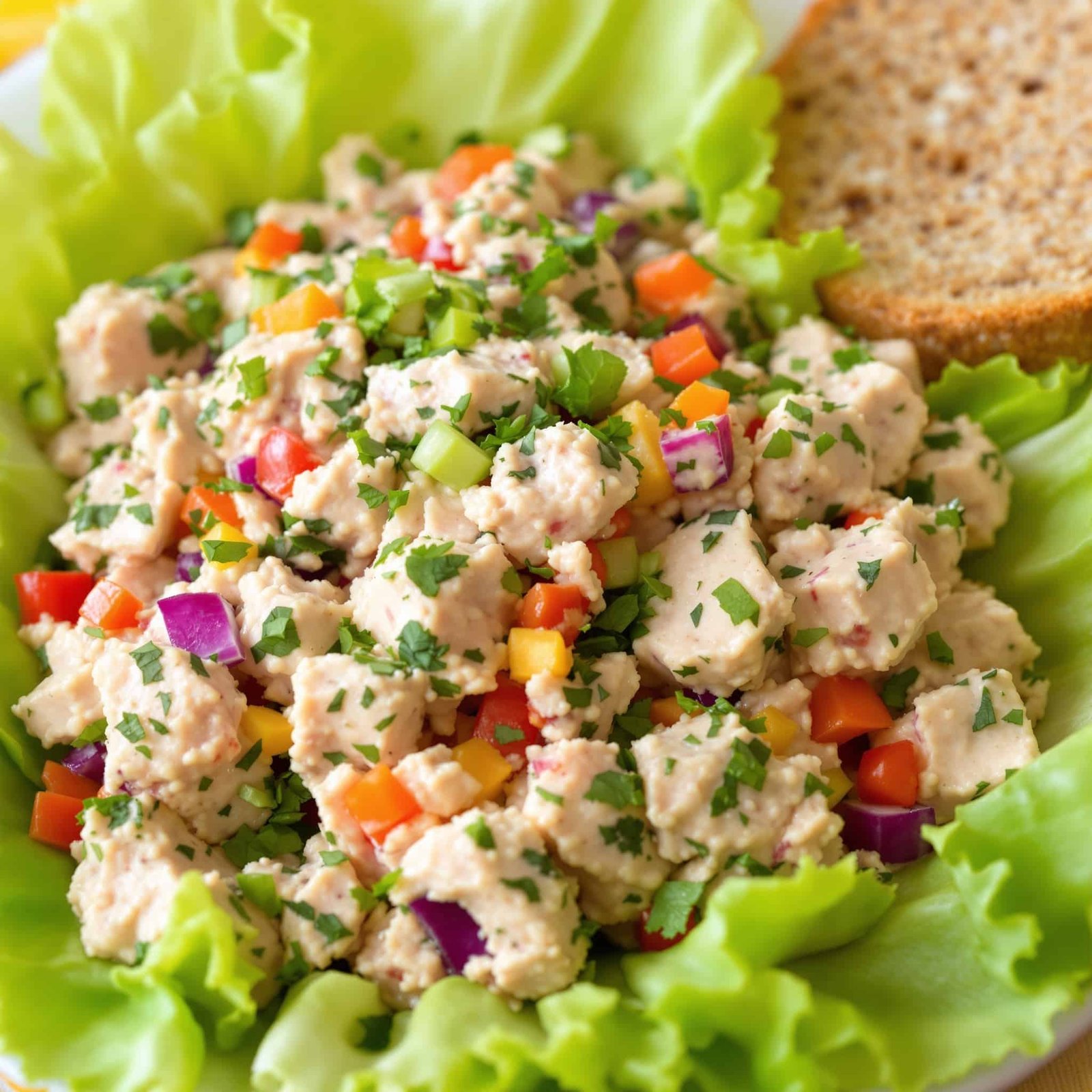 Herbed tuna salad with vegetables served on lettuce and whole-grain bread.