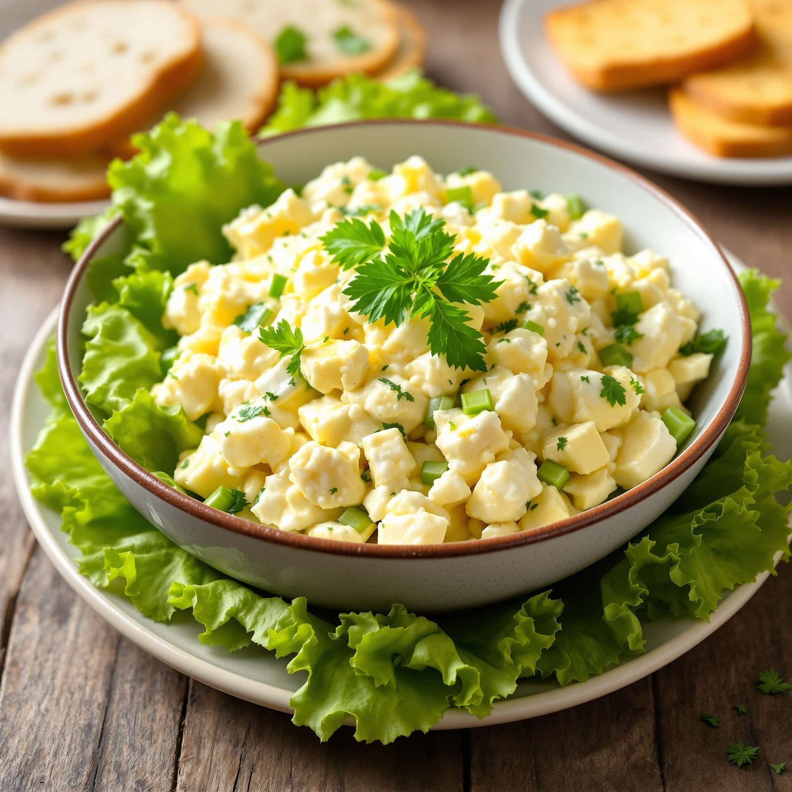 Classic Egg Salad Recipe Classic egg salad with chopped eggs and celery on lettuce, served with bread and crackers.