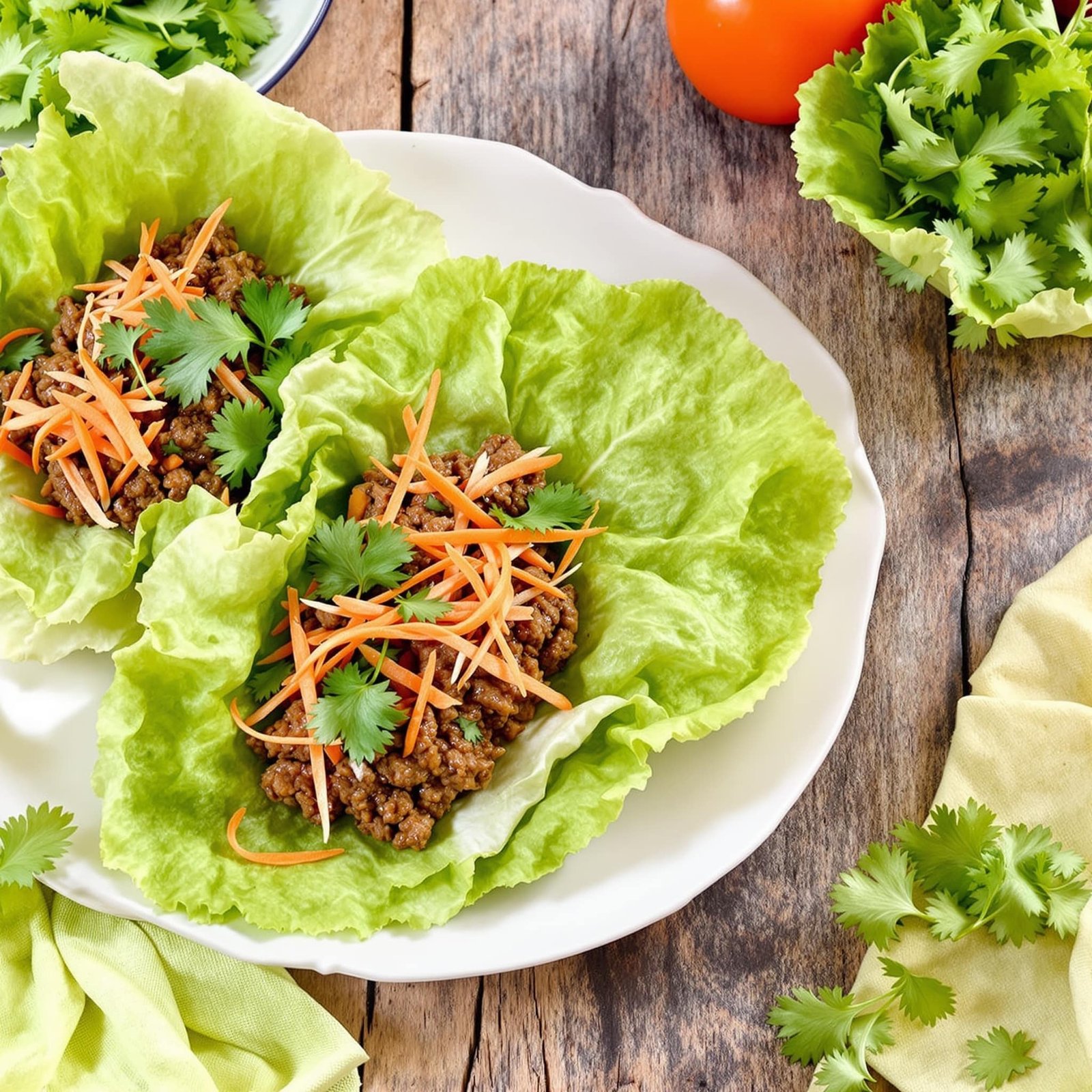 A colorful display of beef lettuce wraps with ground beef and colorful garnishes on a wooden table.