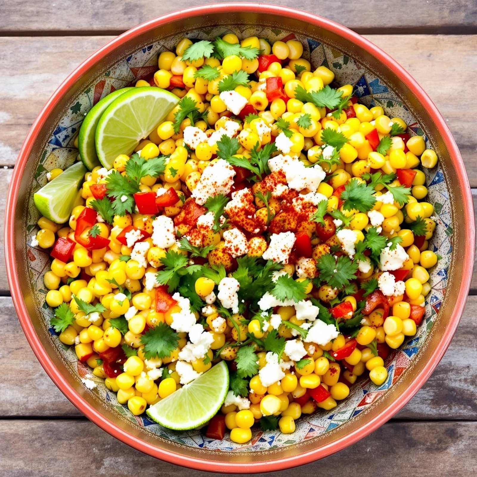 A vibrant bowl of Mexican Street Corn Salad with grilled corn, feta, cilantro, and lime, presented on a rustic table.