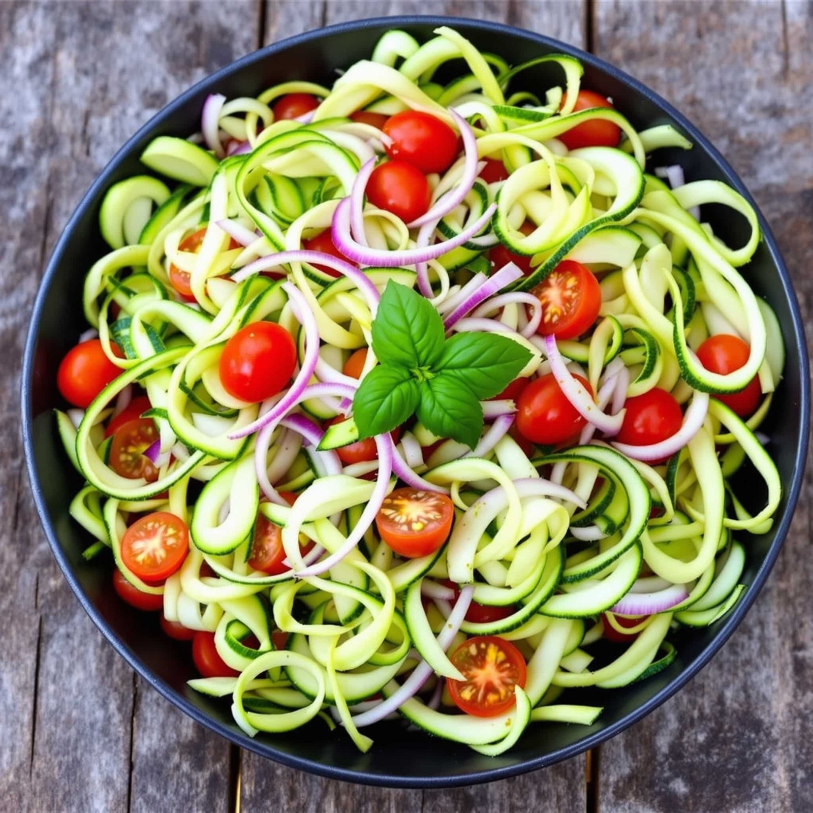 A fresh zucchini ribbon salad with cherry tomatoes and red onion, garnished with basil on a rustic wooden table.