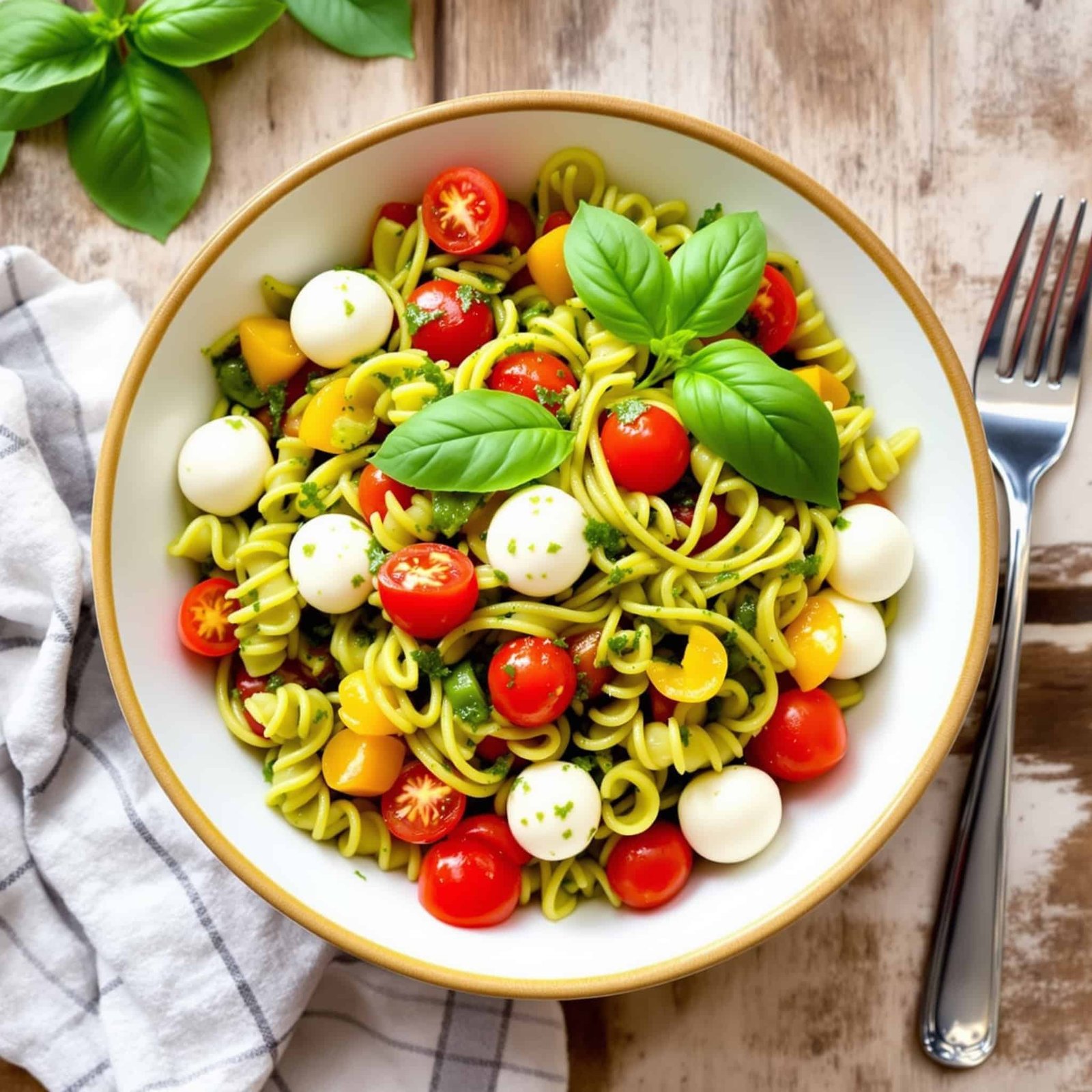 A vibrant bowl of pesto pasta salad with tomatoes, bell peppers, and mozzarella, garnished with basil leaves.
