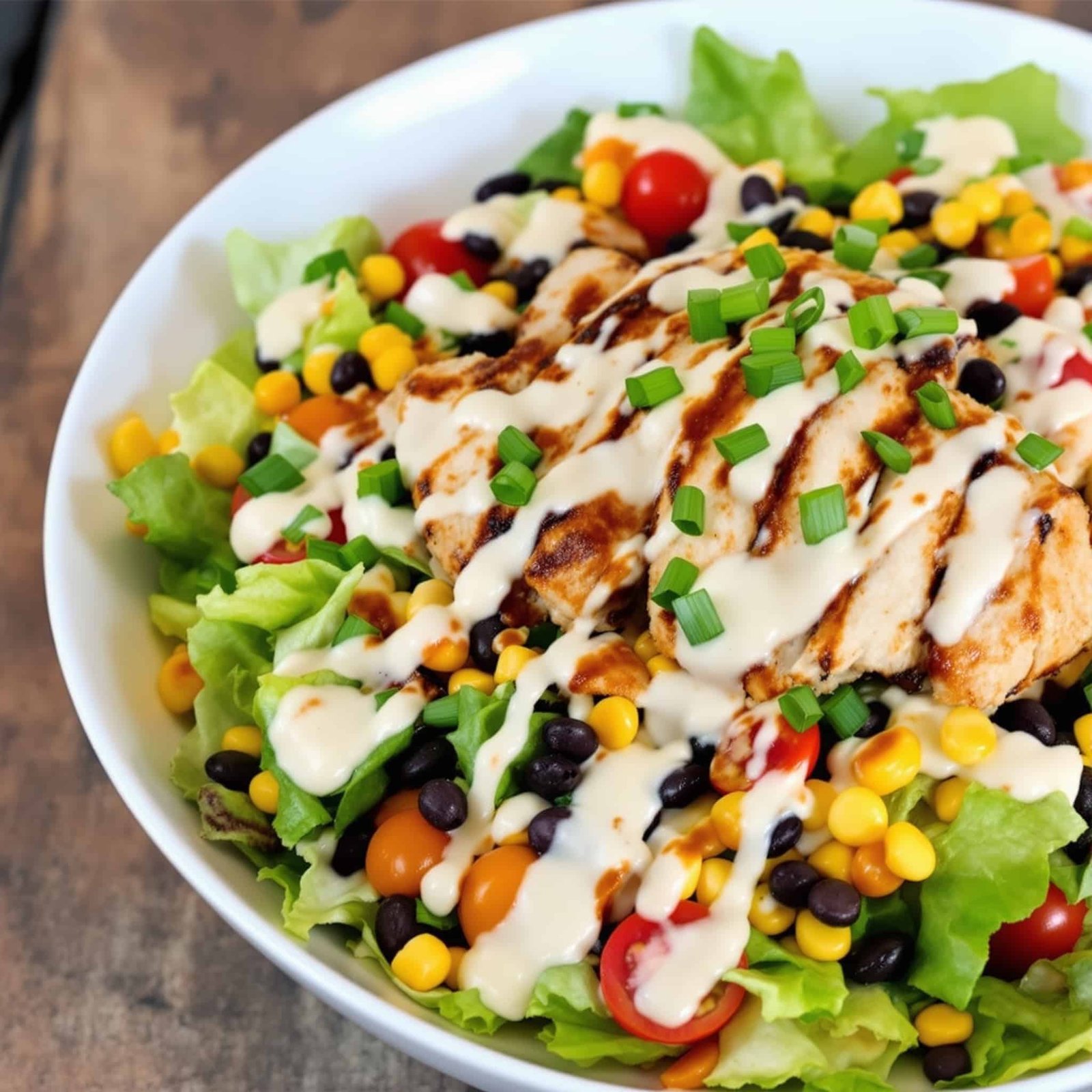 BBQ Ranch Chicken Salad with grilled chicken, lettuce, tomatoes, corn, and beans, served in a white bowl on a wooden table.