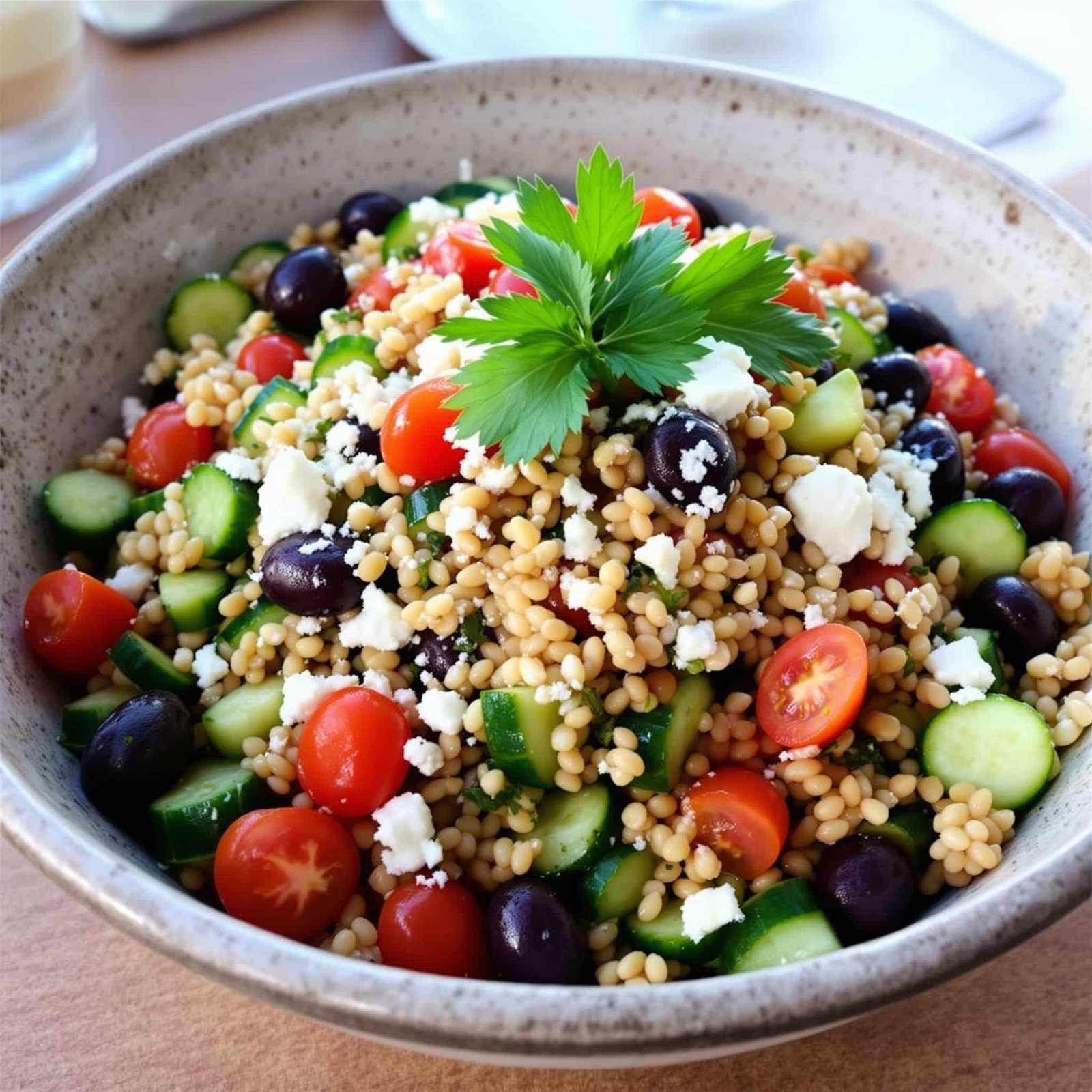 A fresh Mediterranean Farro Salad with tomatoes, cucumbers, olives, feta, and parsley in a rustic bowl.