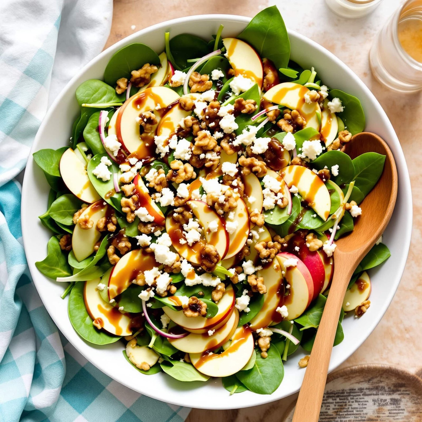 Apple Walnut Spinach Salad with spinach leaves, sliced apples, and walnuts in a bowl, garnished with feta cheese.