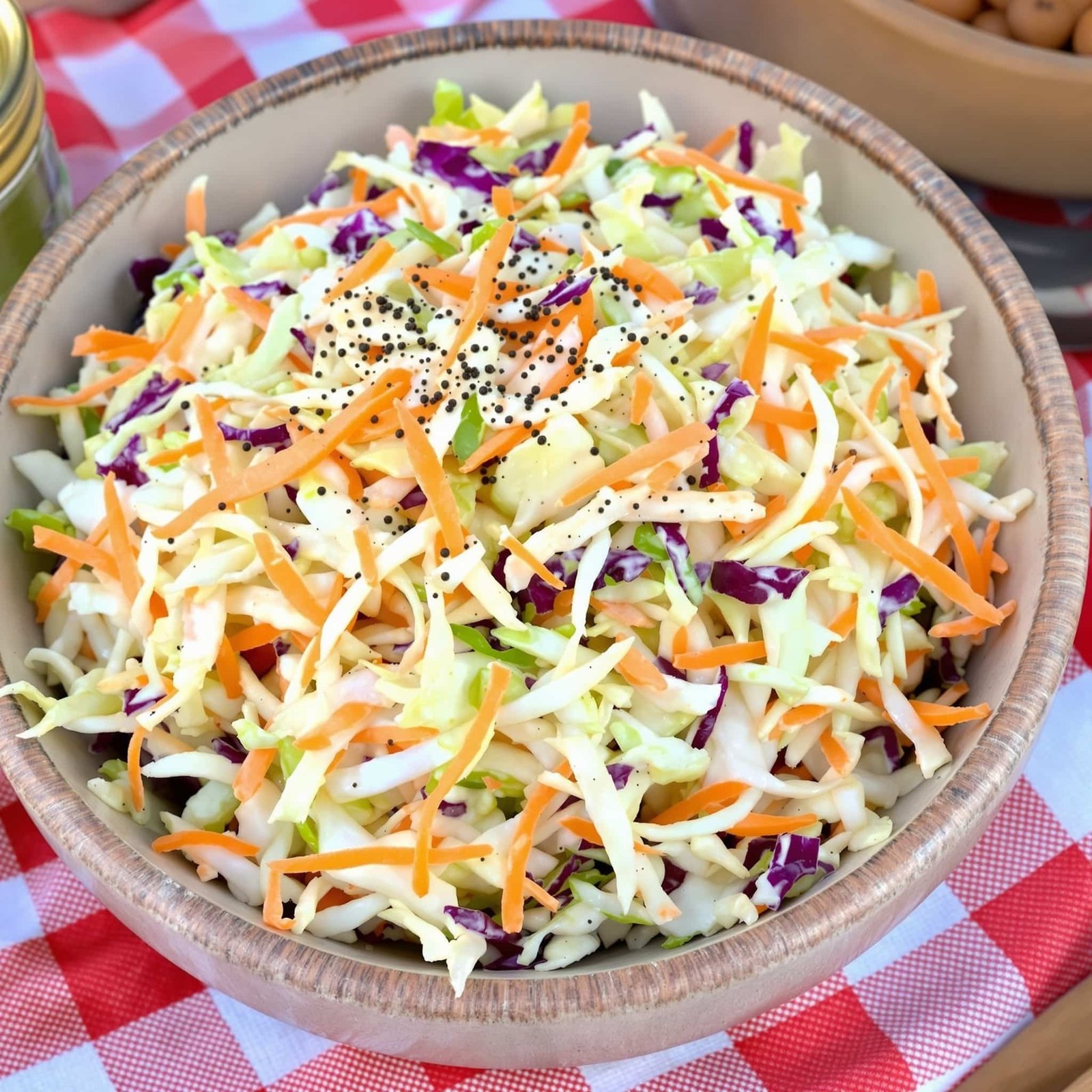 Classic Creamy Coleslaw Salad Recipe A delicious creamy coleslaw salad with cabbage and carrots in a rustic bowl on a checkered tablecloth.