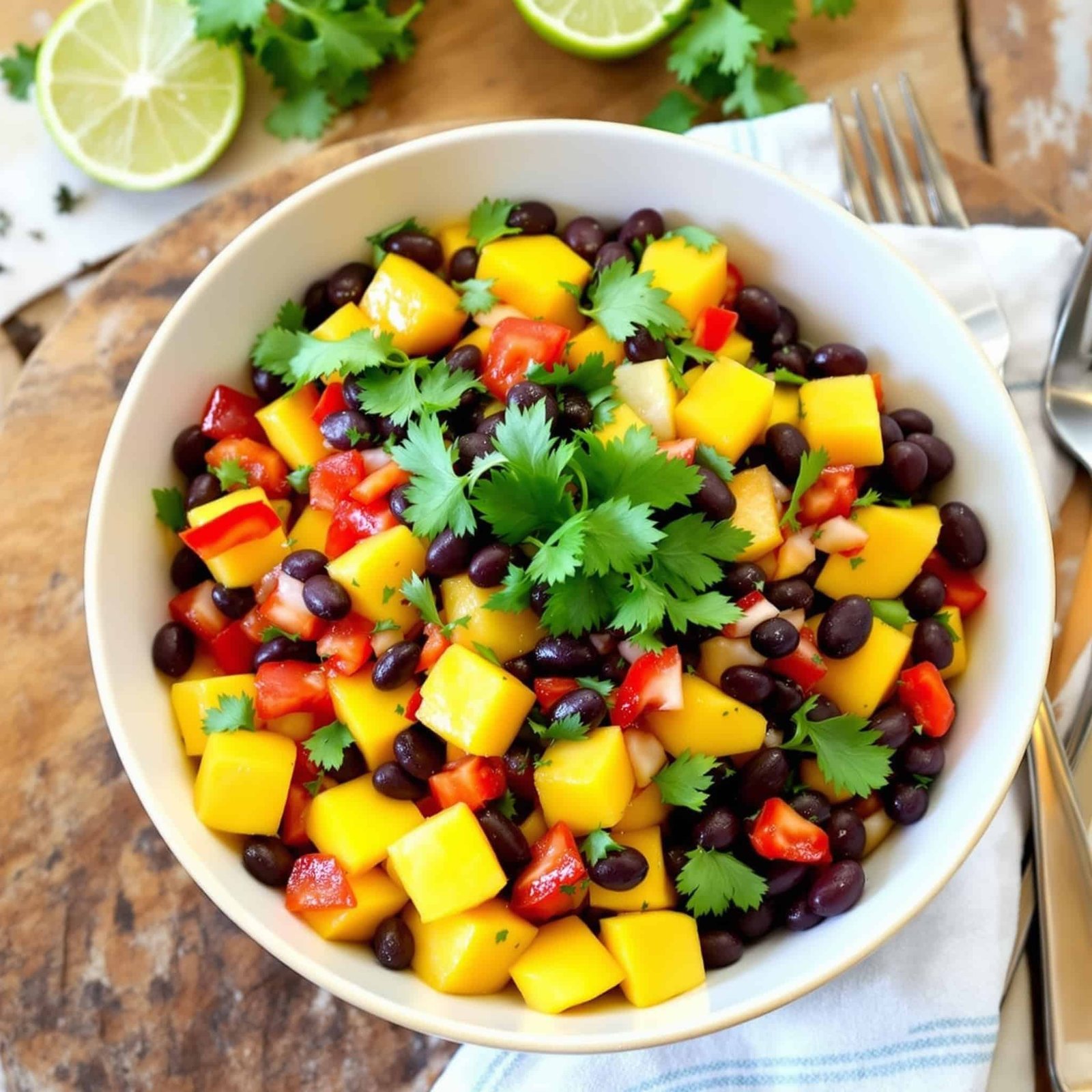 Mango Black Bean Salad Recipe Mango black bean salad with vibrant mango, black beans, red bell pepper, and cilantro in a bowl, on a wooden table.