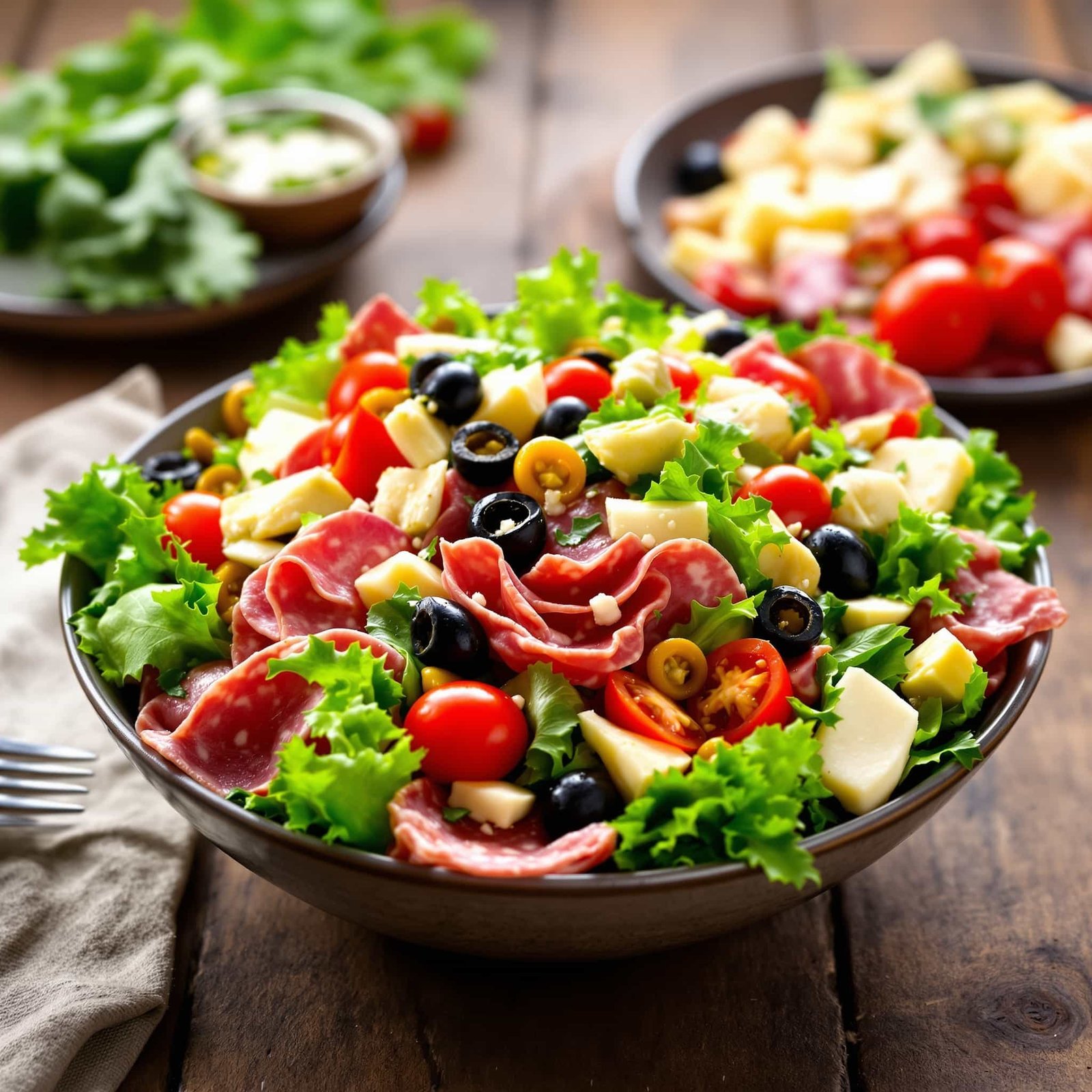 Classic Antipasto Italian Salad Recipe A classic antipasto Italian salad with mixed greens, meats, cheeses, and olives, beautifully arranged on a wooden table.